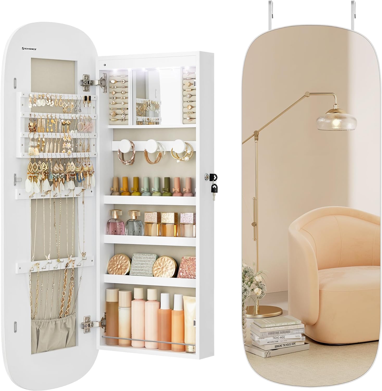 Detalle de SONGMICS JJC026W01: armario para joyas de pared con espejo, luz LED y cerradura