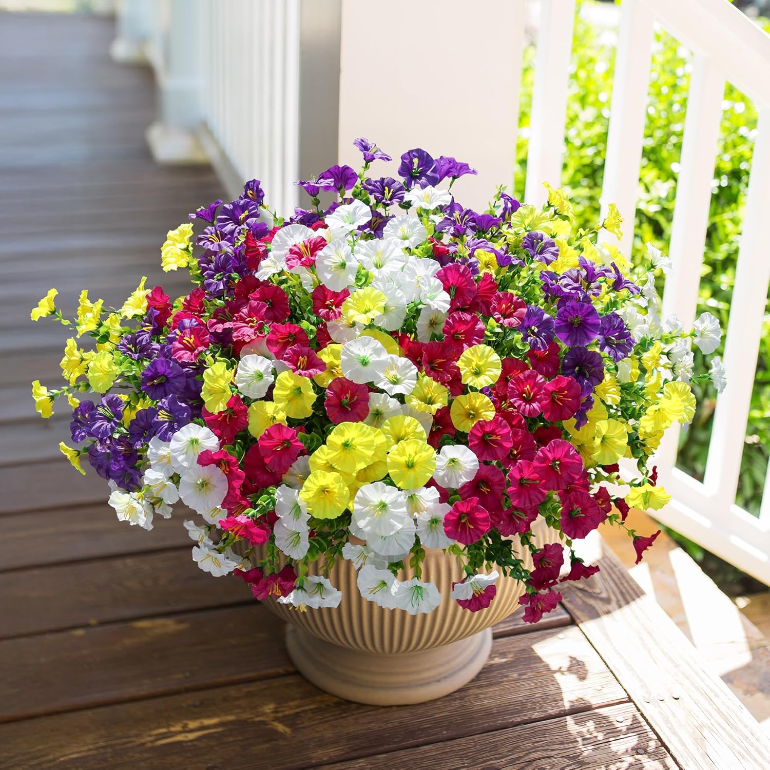 Detalle 2 de HyeFlora UV-Resistant Artificial Morning Glory Flowers (12 Bundles) with Eucalyptus Leaves for Outdoor Planters