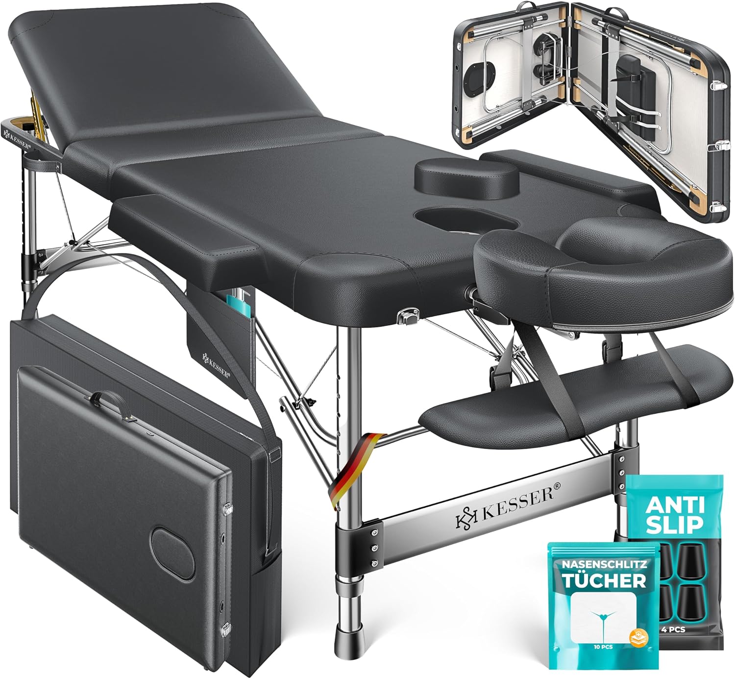 Detalle de KESSER Massageliege 3 Zonen bis 250 kg – klappbar, verstellbar, tragbar inkl. Alu-Kopfstütze und Tragetasche