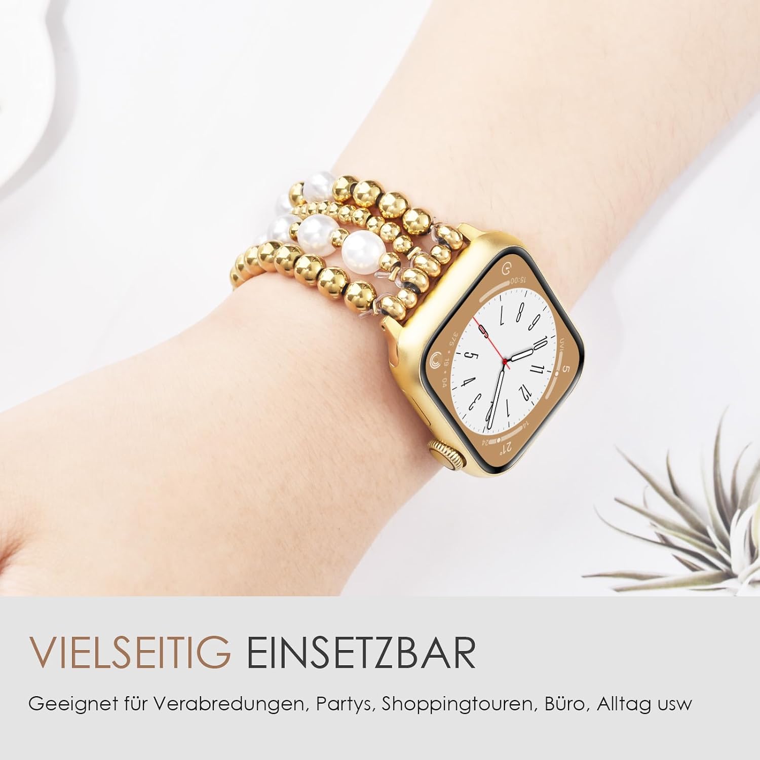 Thumbnail 6 de V.R.HOPE Perlen-Armband für Apple Watch (44/45/46/49 mm) – elastisches Band mit Gold-Perlen