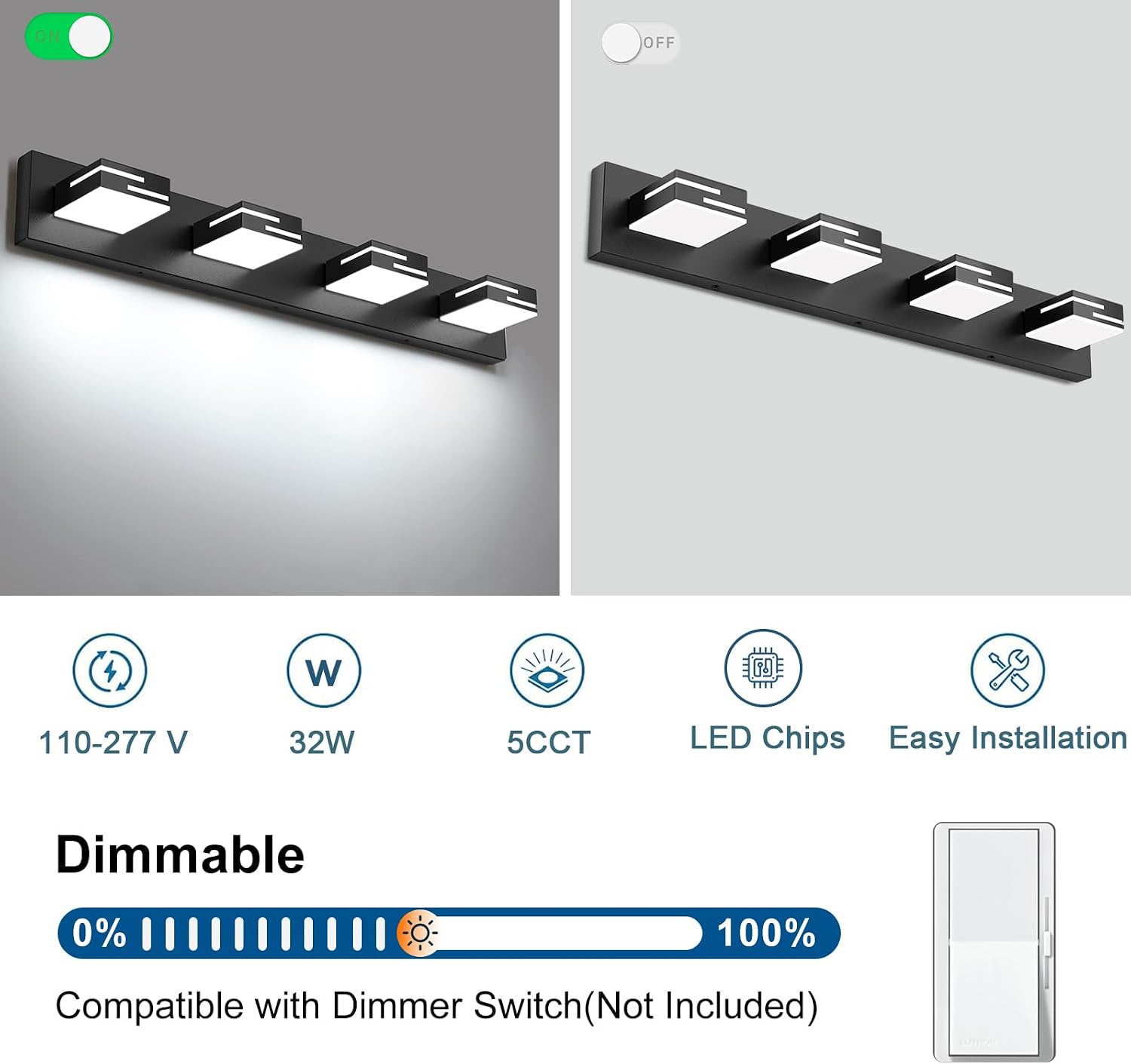 Detalle de LKHF 9553 4-Light LED Vanity Light, 5CCT, Matte Black, Swivel Acrylic Heads