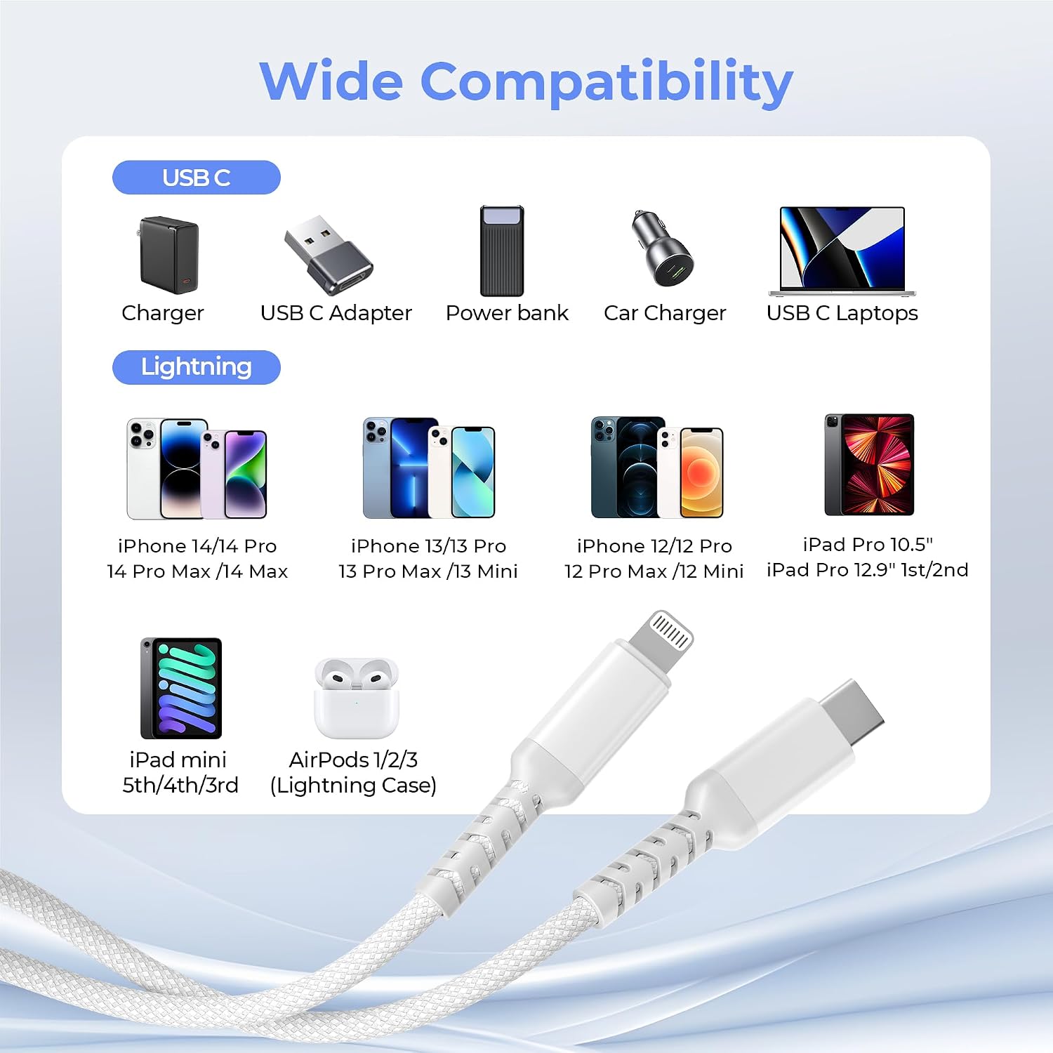 Thumbnail 6 de Elebase USB-C to Lightning Cable with USB-A Adapter for iPhone and iPad (3m, 10ft) – PD Fast Charge & Data