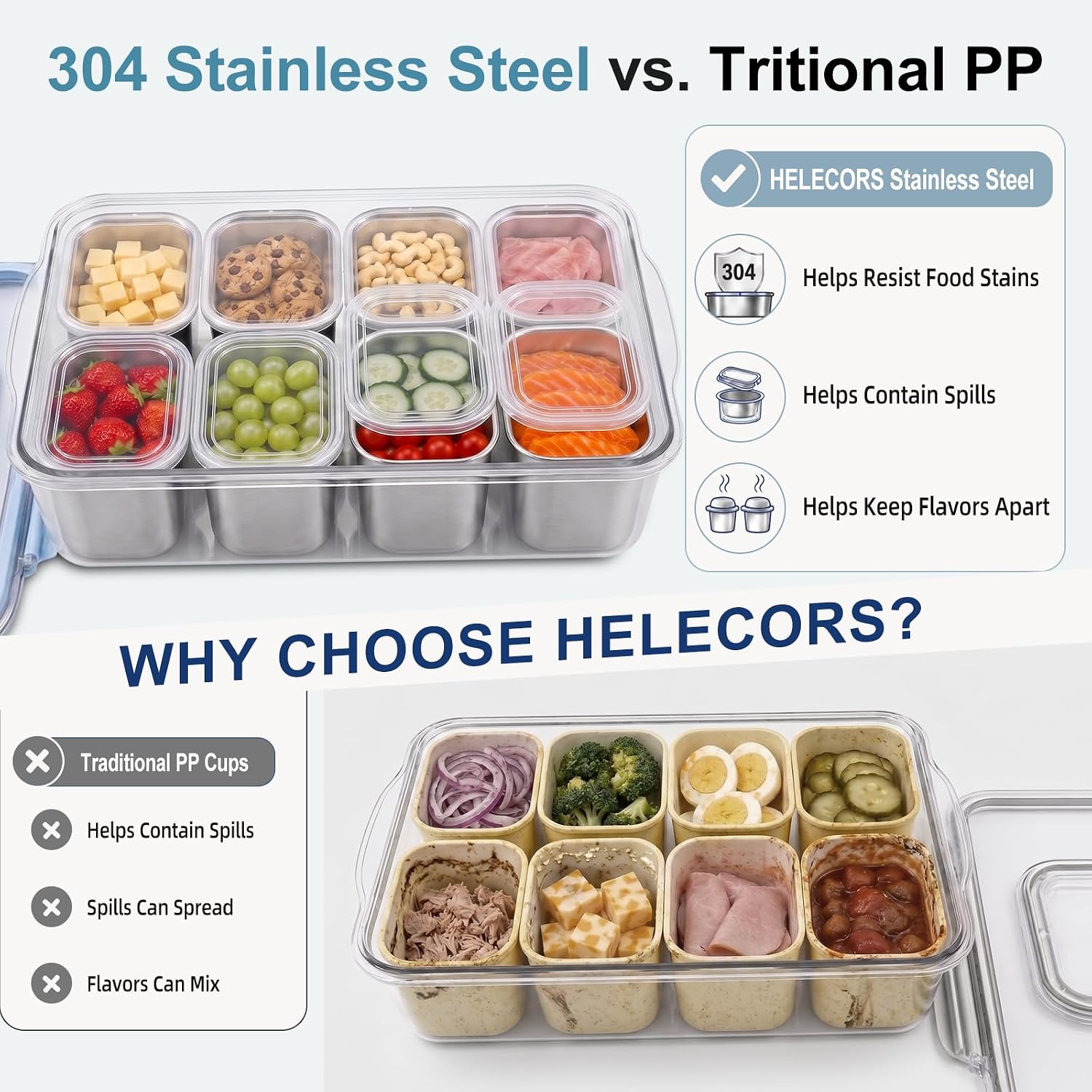 Detalle 2 de Helecors Snackle Box with 8 Stainless Steel Cups, Individual Lids & Ice Pack