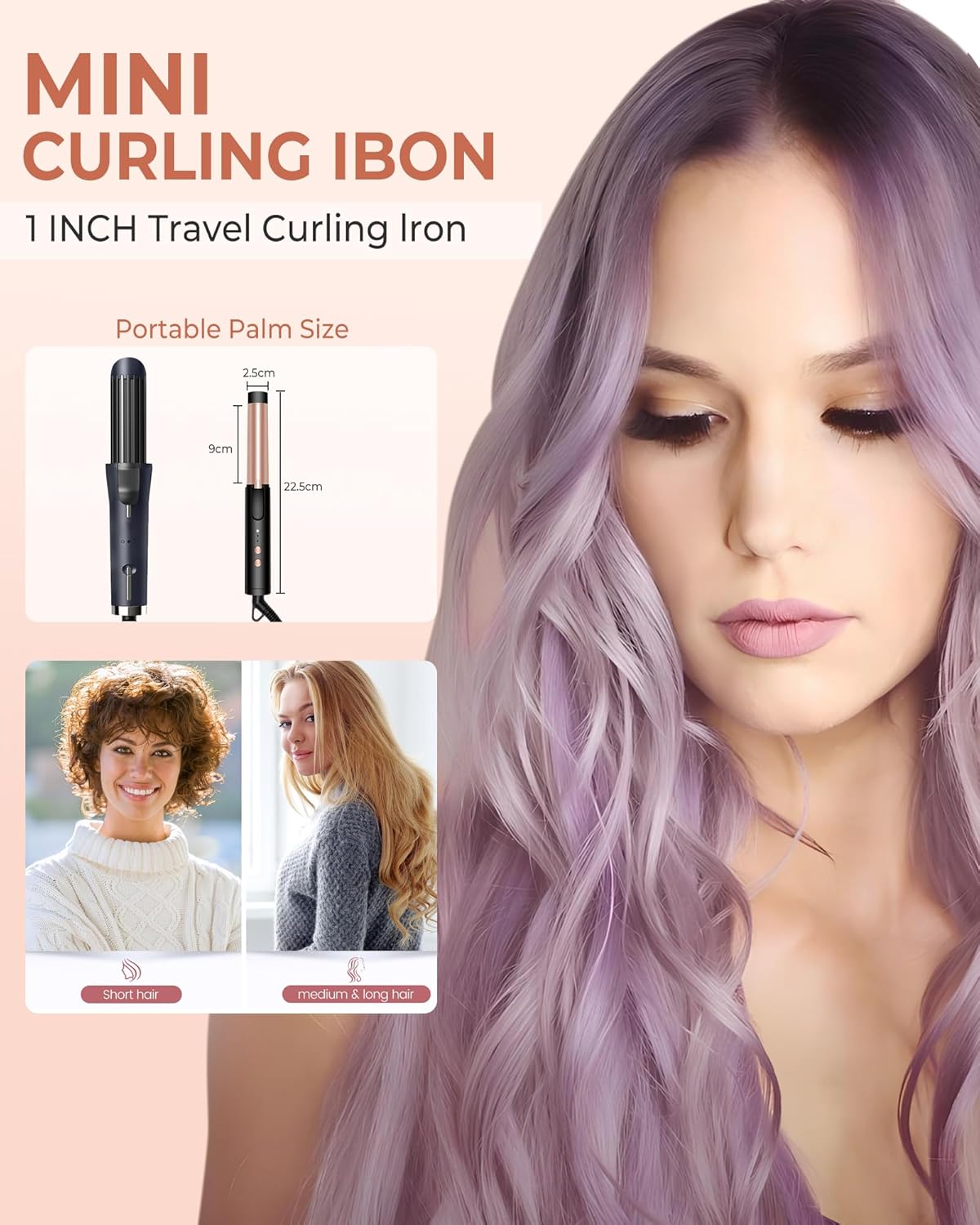 Thumbnail 1 de UKLISS 25mm Mini Curling Tongs (160–200℃) with 3 Heat Levels, Double Voltage Travel Friendly Ceramic Iron – Compact Black