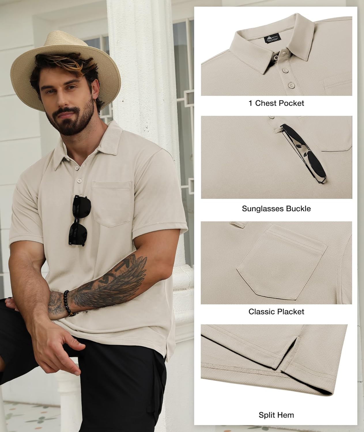 Detalle de SCODI 5 Pack Men’s Pocket Polo Shirts (Short Sleeve) — Moisture-Wicking Multipack