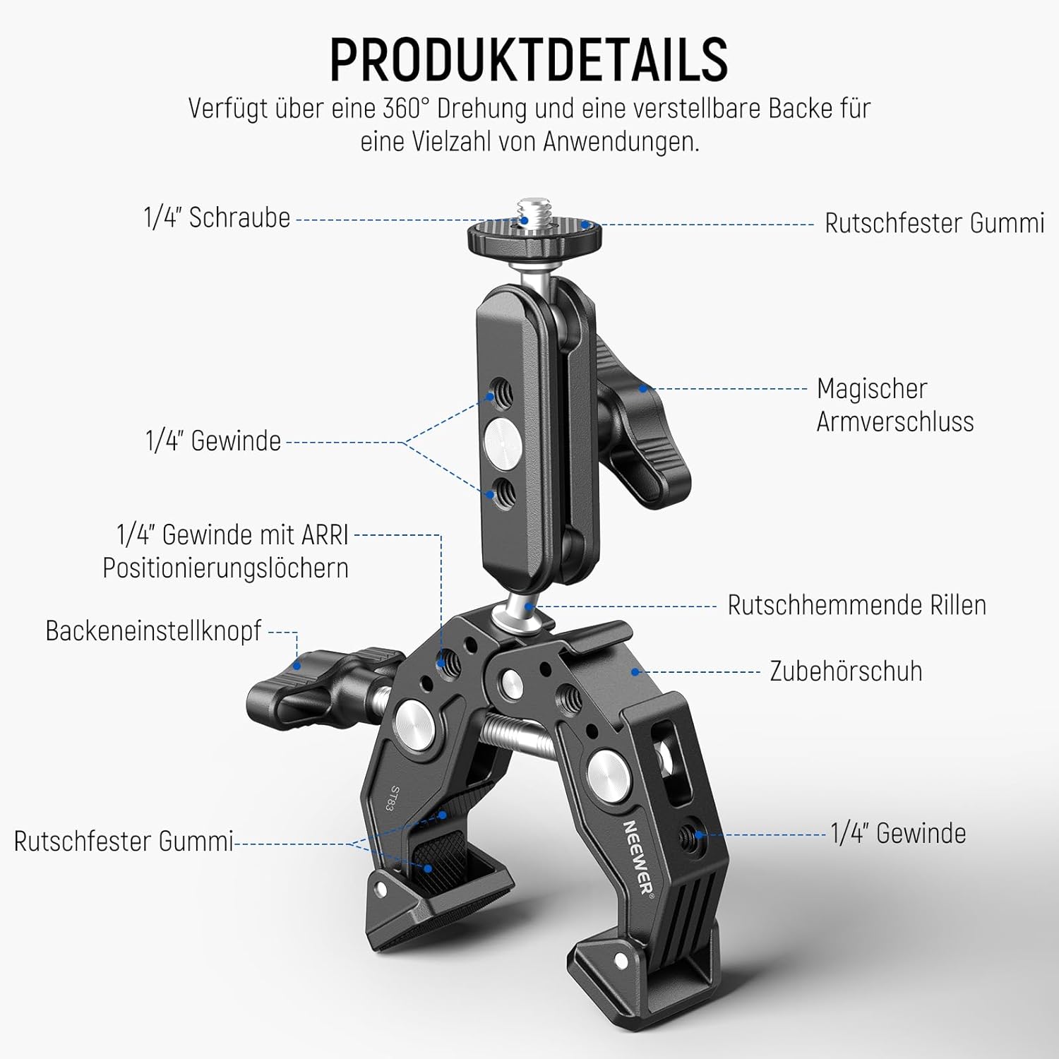 Thumbnail 1 de NEEWER Super Clamp Klemme mit 3" Dual-Kugelkopf Magic Arm, Cold Shoe und 1/4" Gewinde