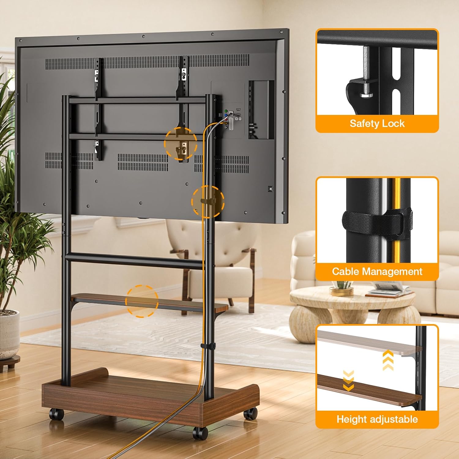 Thumbnail 5 de TVON Support TV sur pied roulant réglable (40 à 86 pouces) avec étagère et base en bois