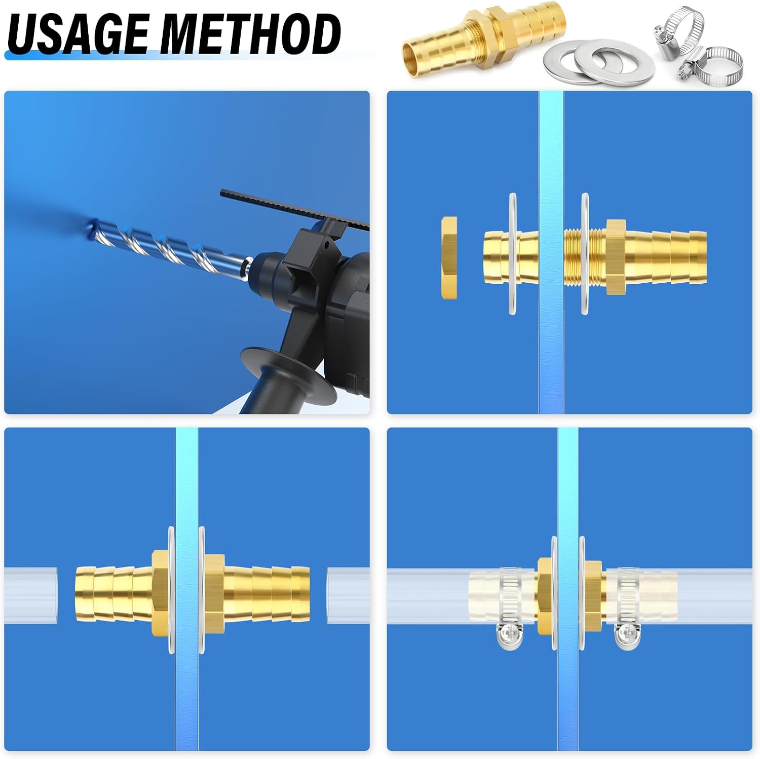 Detalle de TAILONZ PNEUMATIC Brass 6mm Through-Bulk Bulkhead Hose Fitting – 5pc with 10 Clamps