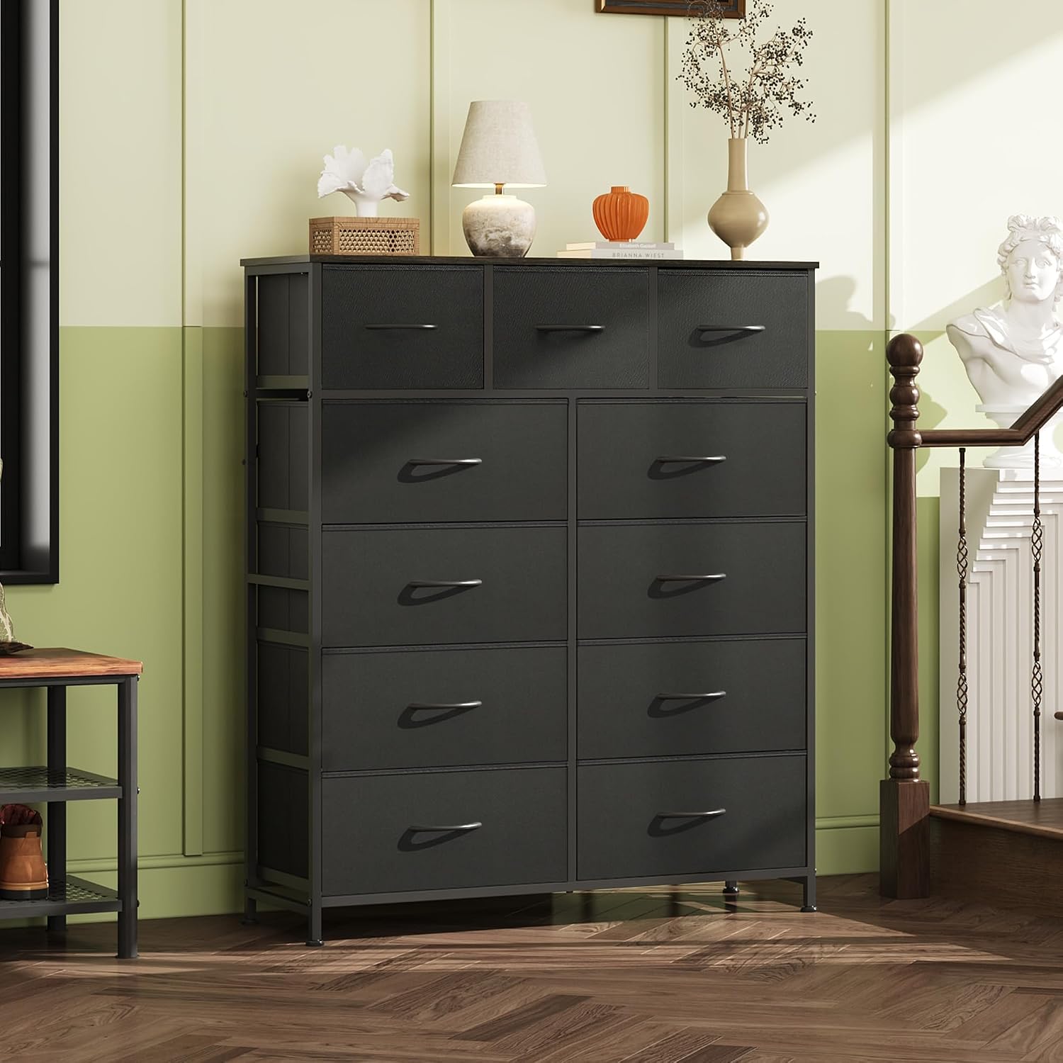 Detalle de WLIVE ASNG203 Tall Dresser, 11 Fabric Drawers, Charcoal Black