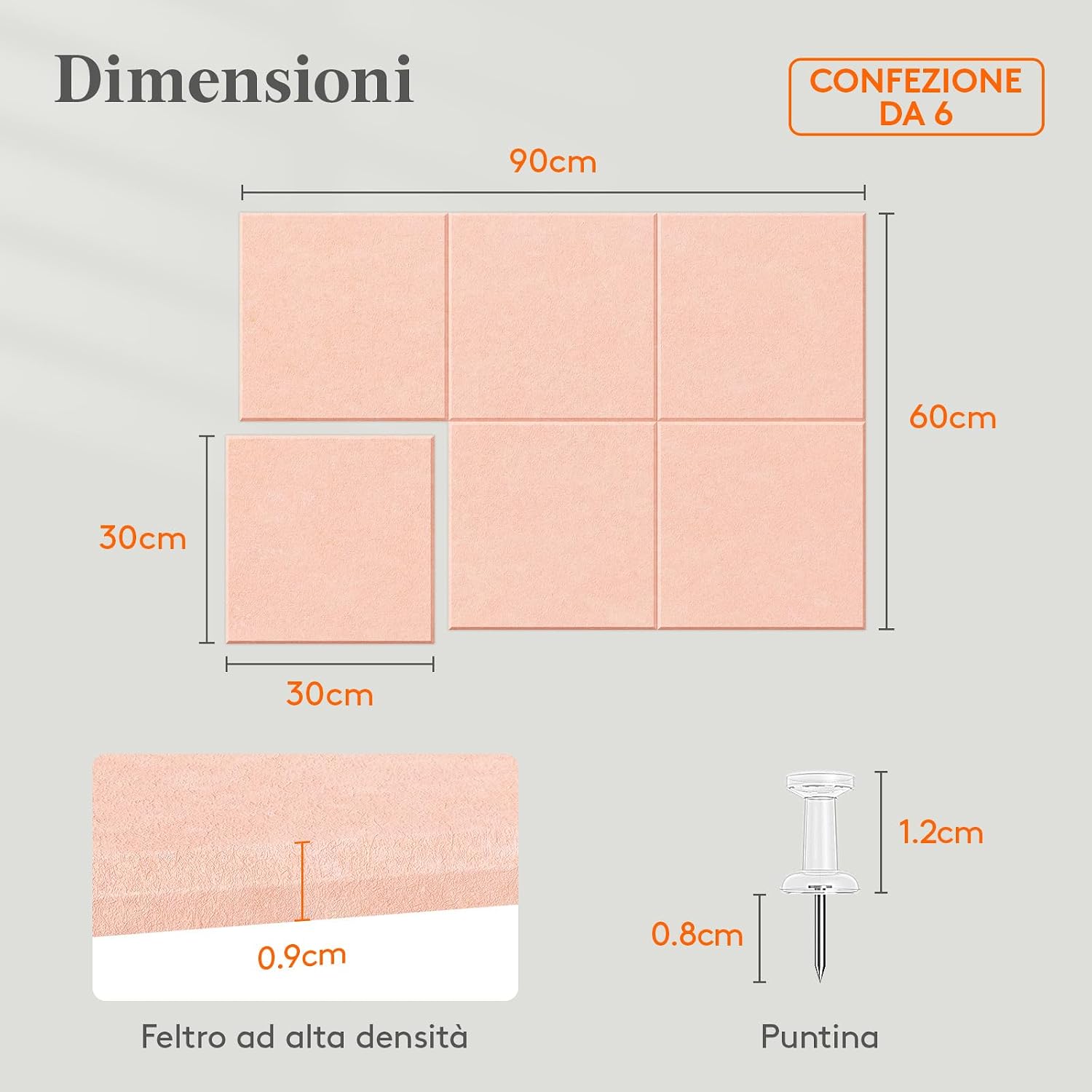 Detalle de Lifewit Bacheca in feltro adesiva decorativa — Set di pannelli feltro 30x30 cm, inclusi 30 puntine, Rosa Corallo