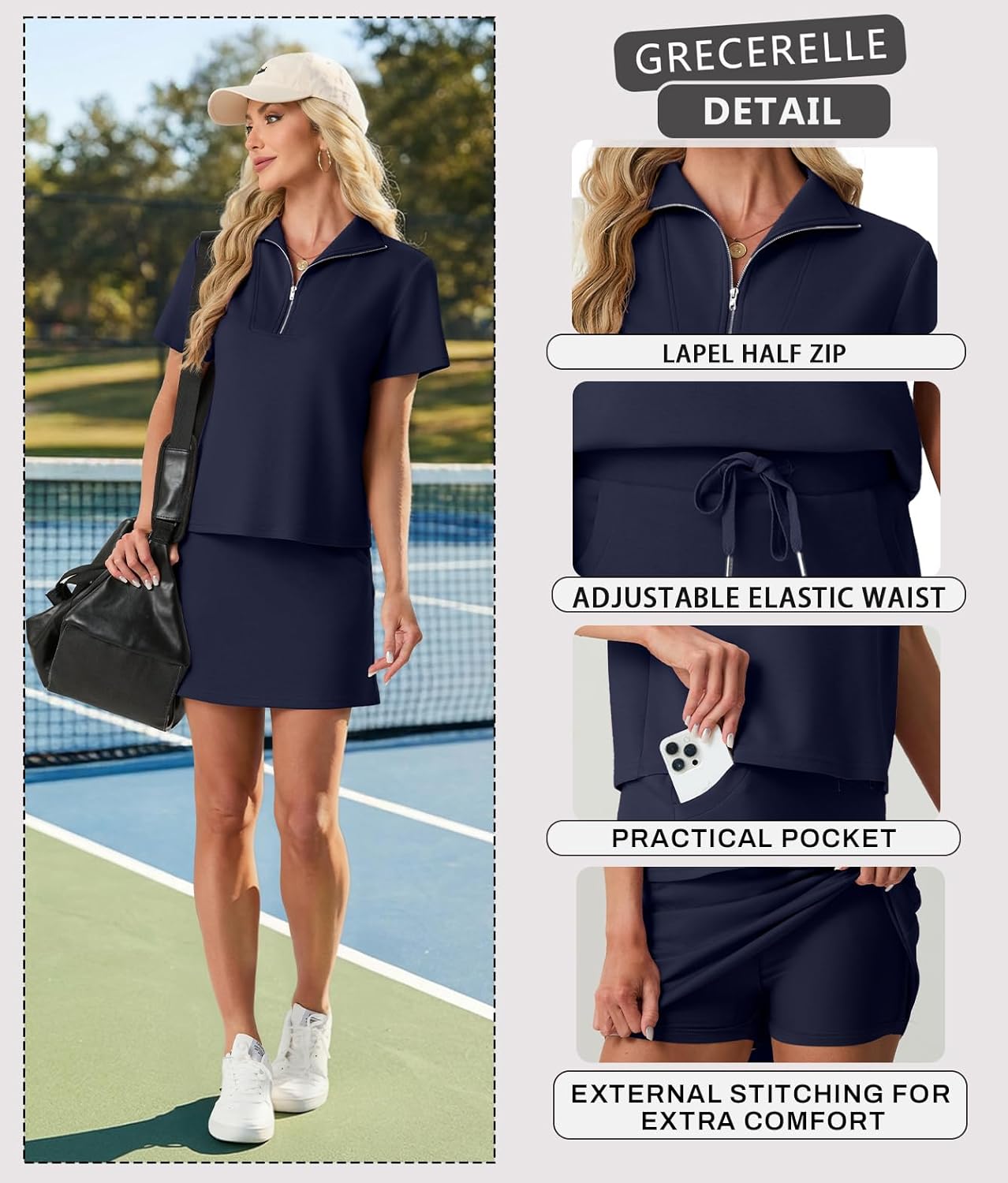 Thumbnail 2 de GRECERELLE Women's Summer 2 Piece Skort Set: Half Zip Top with Pocketed Tennis Skirt