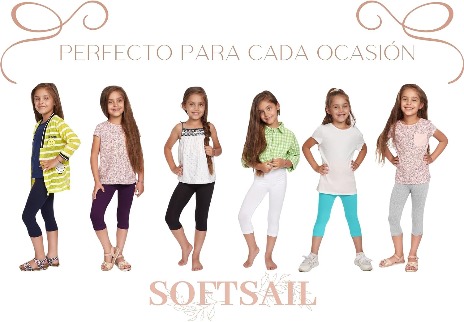 Detalle de SOFTSAIL Girls 3/4 Capri Leggings – Cotton, Breathable and Stretchy for Active Kids