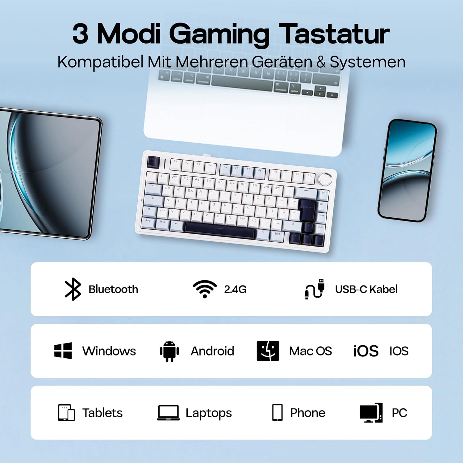Detalle de MechLands Aula F75 75% Mechanische Tastatur (QWERTZ ISO-DE) – Tri-Mode, RGB, Hot-Swap, Reaper Linear