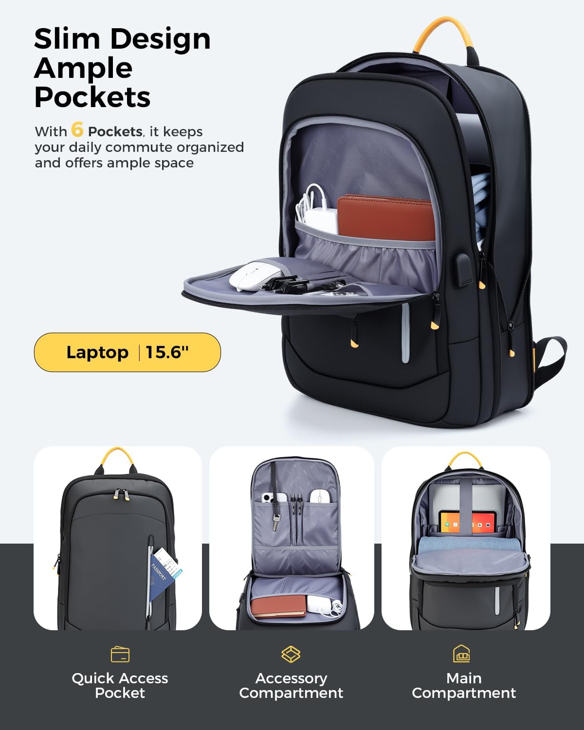 Detalle 2 de Lekespring laptop backpack for men (15.6 inch) with USB charging port, expandable water-resistant rucksack – black