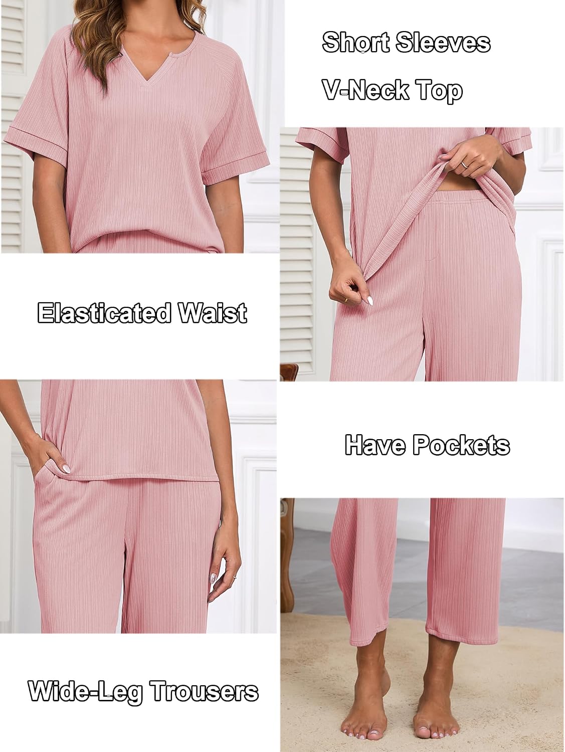 Detalle de Famulily Lounge Wear Set for Women: V‑Neck Short Sleeve Top with Wide-Leg Trousers, Pocketed Comfort