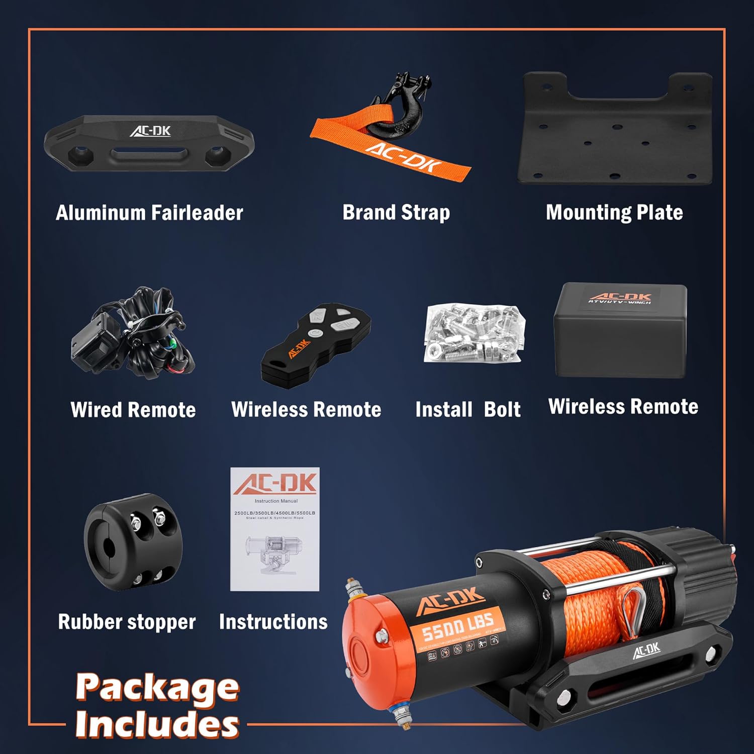 Detalle de AC-DK 5500 lb ATV/UTV Winch Kit with Synthetic Rope, 12V Motor, Wireless Remote