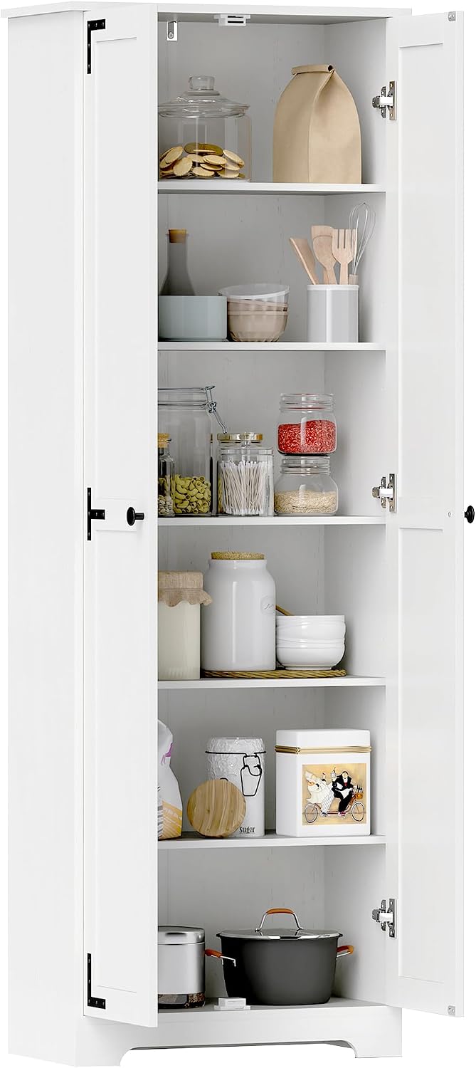 Detalle de HOMCOM 838-505V80WT Farmhouse Pantry Cabinet, Distressed White, Adjustable Shelves