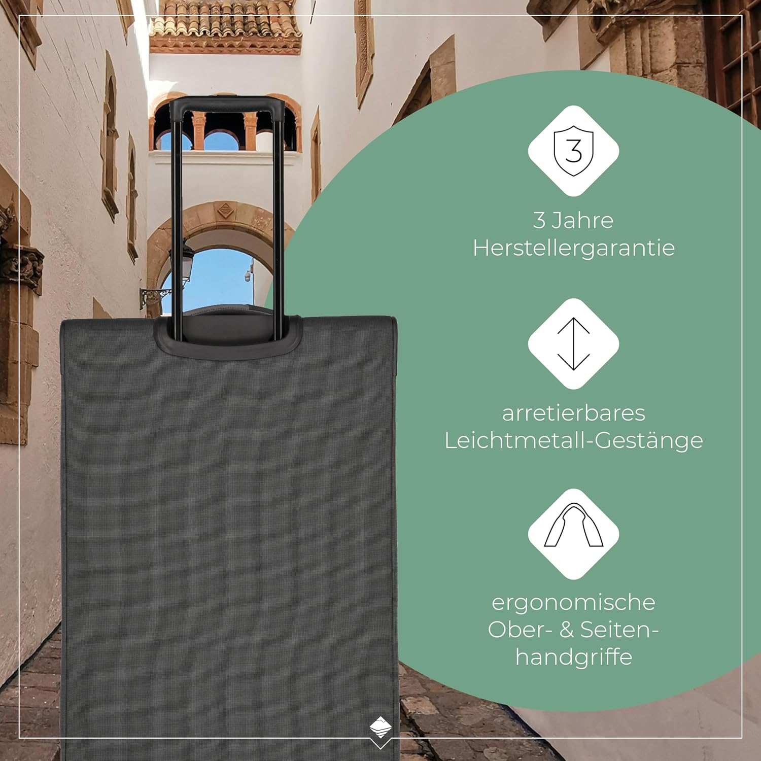 Detalle de Travelite VIIA 4-Rad Koffer Größe L – Weichschale aus recyceltem Polyester, 91–103 L, 77 x 47 x 30–34 cm