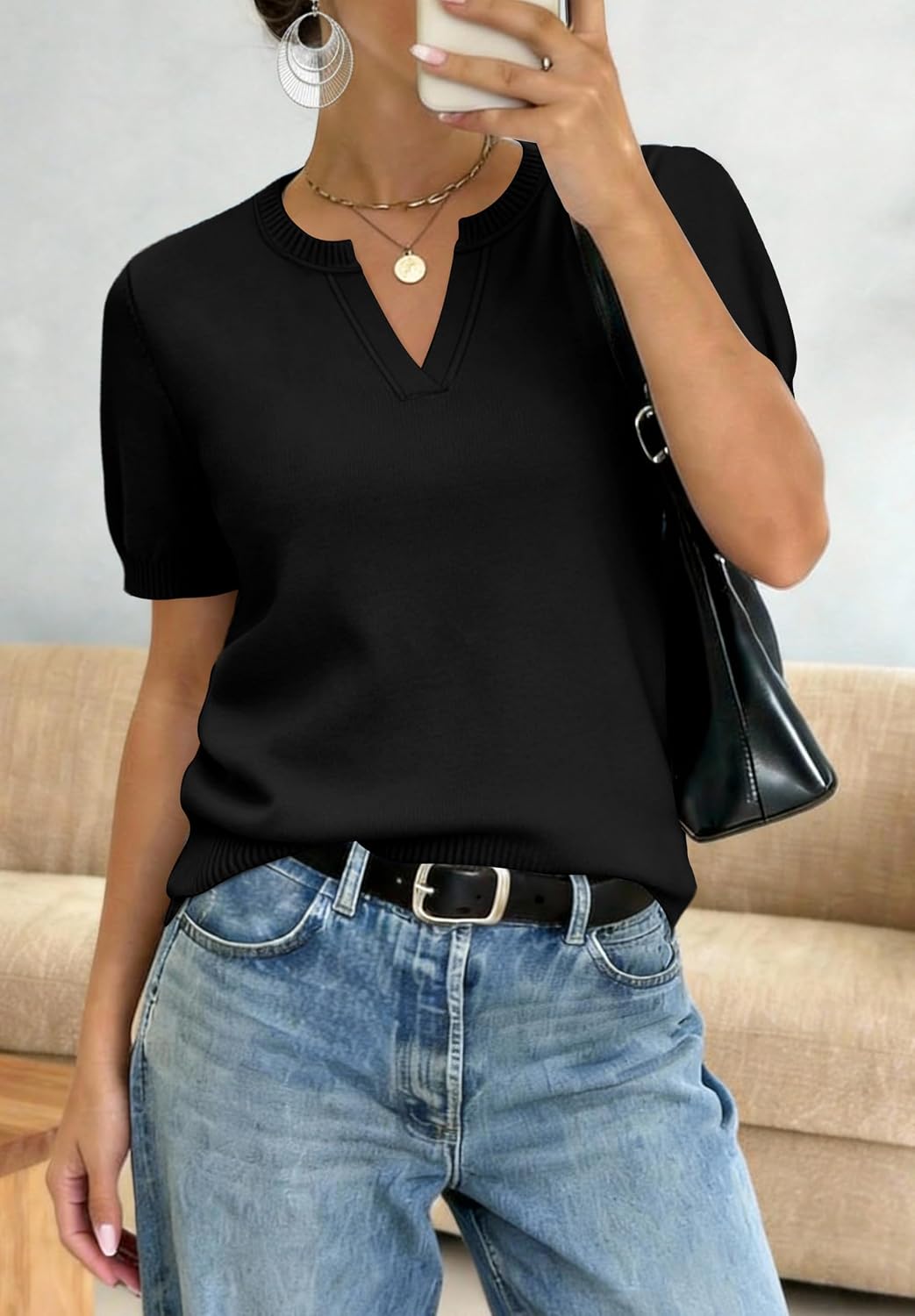 Detalle de WIHOLL Short-Sleeve V-Neck Sweater for Women, Lightweight Knit