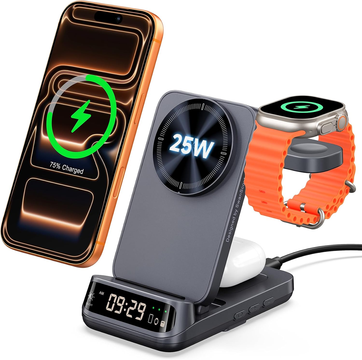 Detalle de Supporto caricabatterie wireless 3 in 1 da 25 W con MagSafe – SwanScout 708M