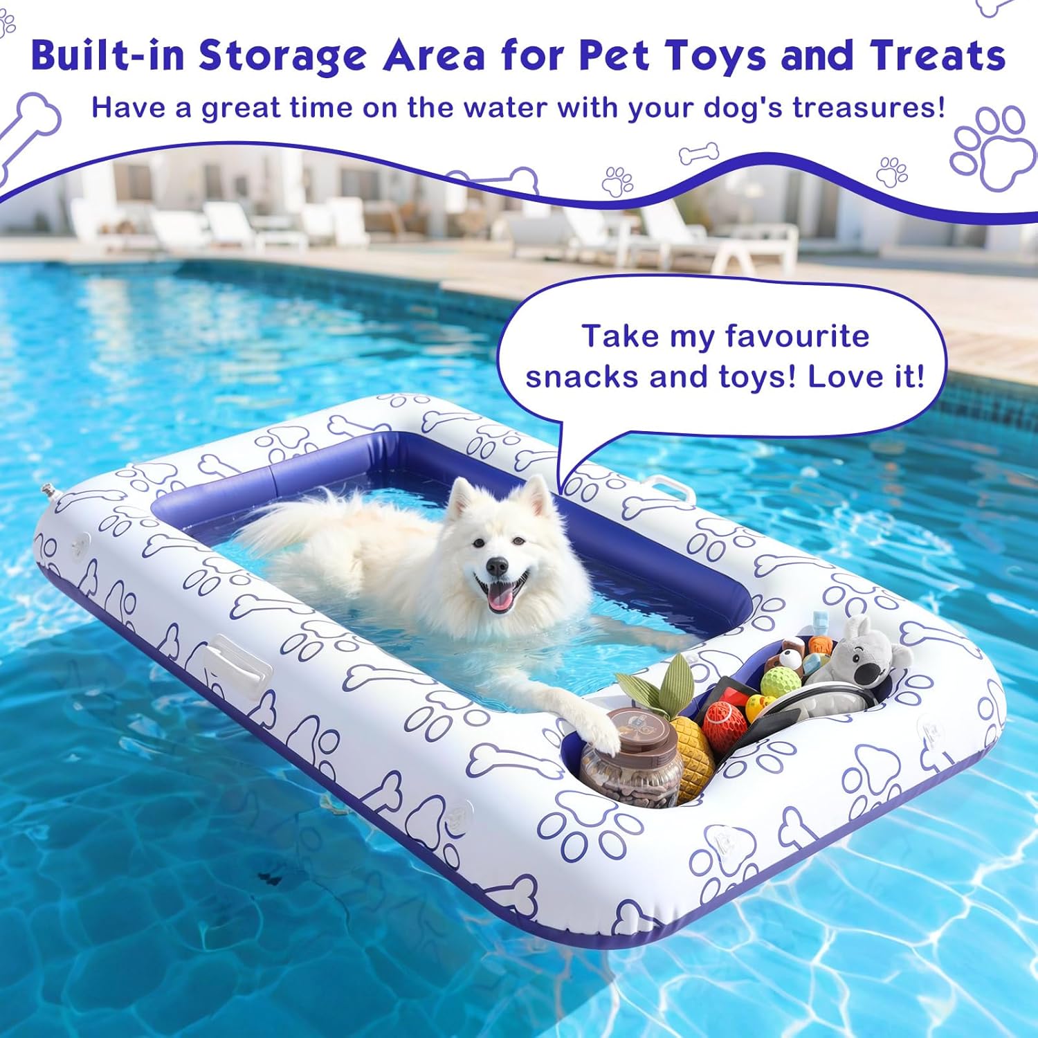 Detalle de MoKo Hundepool-Schwimmfloß 59 × 35 Zoll – Aufblasbares Hundebett mit Staufach, PVC/Mesh, Blau