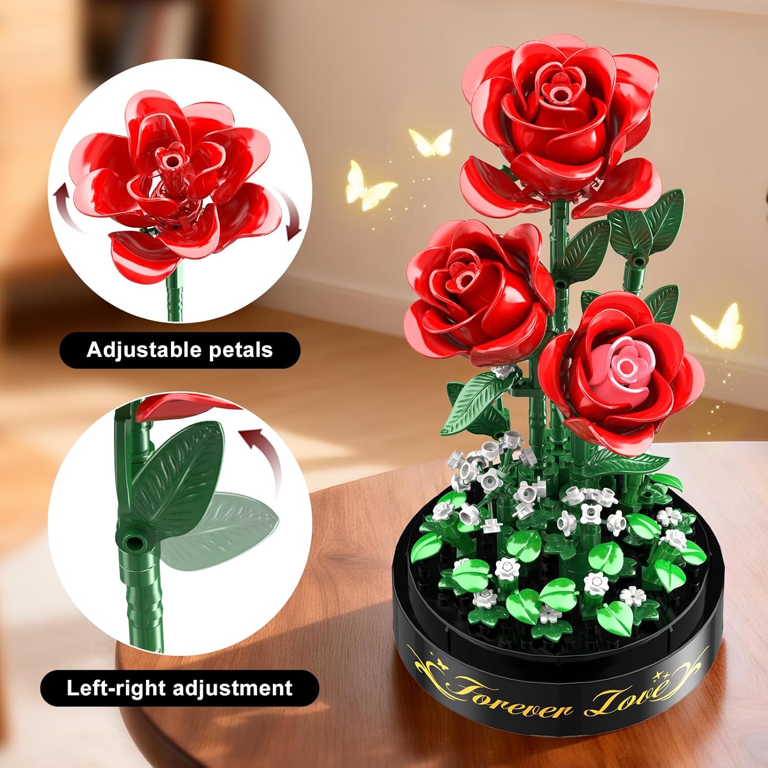 Detalle de HiWEEGO Flower Bouquet Building Set with LED Light – 3.6mm Red Rose Mini Build (219pcs) with Dust Cover