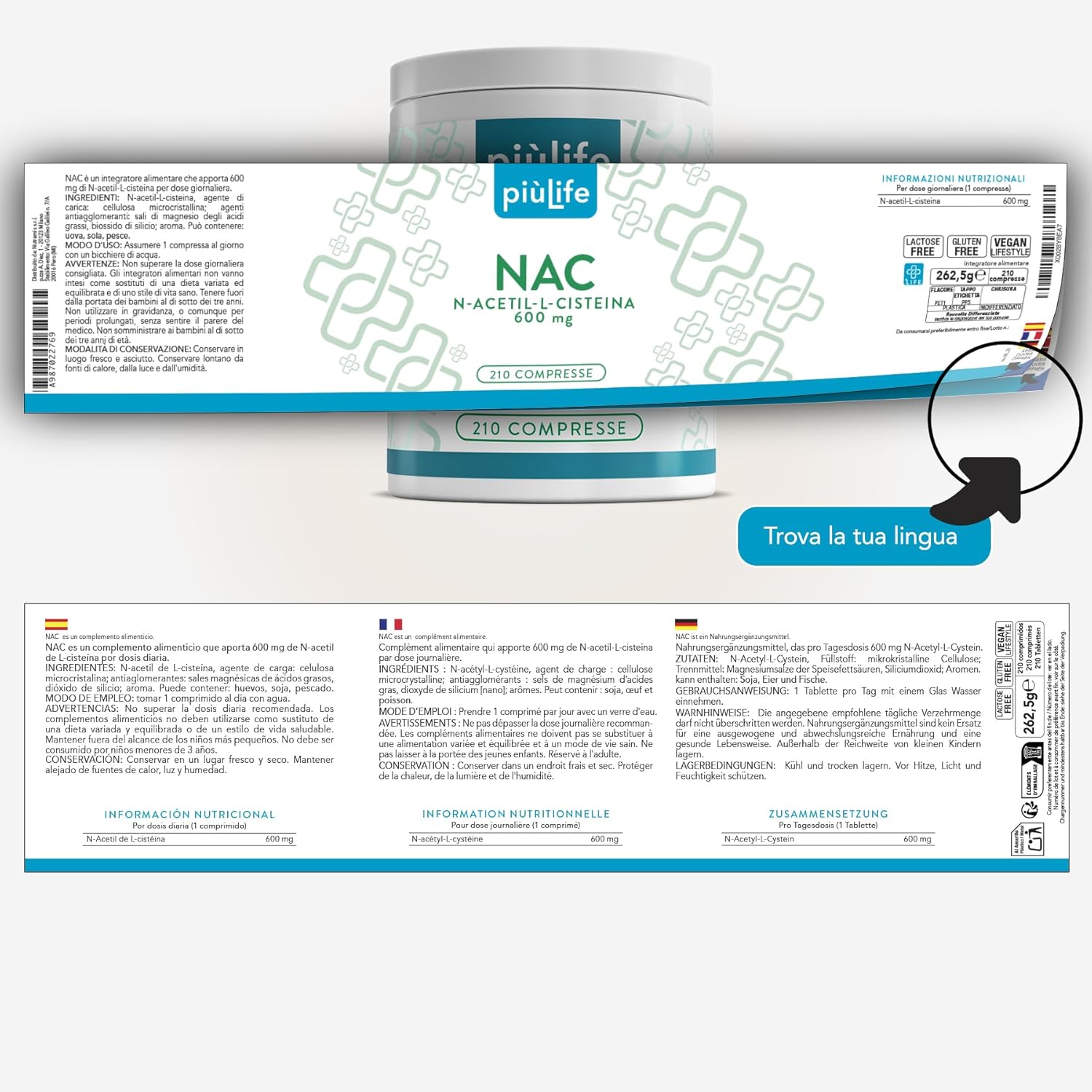 Thumbnail 5 de PiùLife NAC n‑acetilcisteina 600 mg 210 compresse 💊