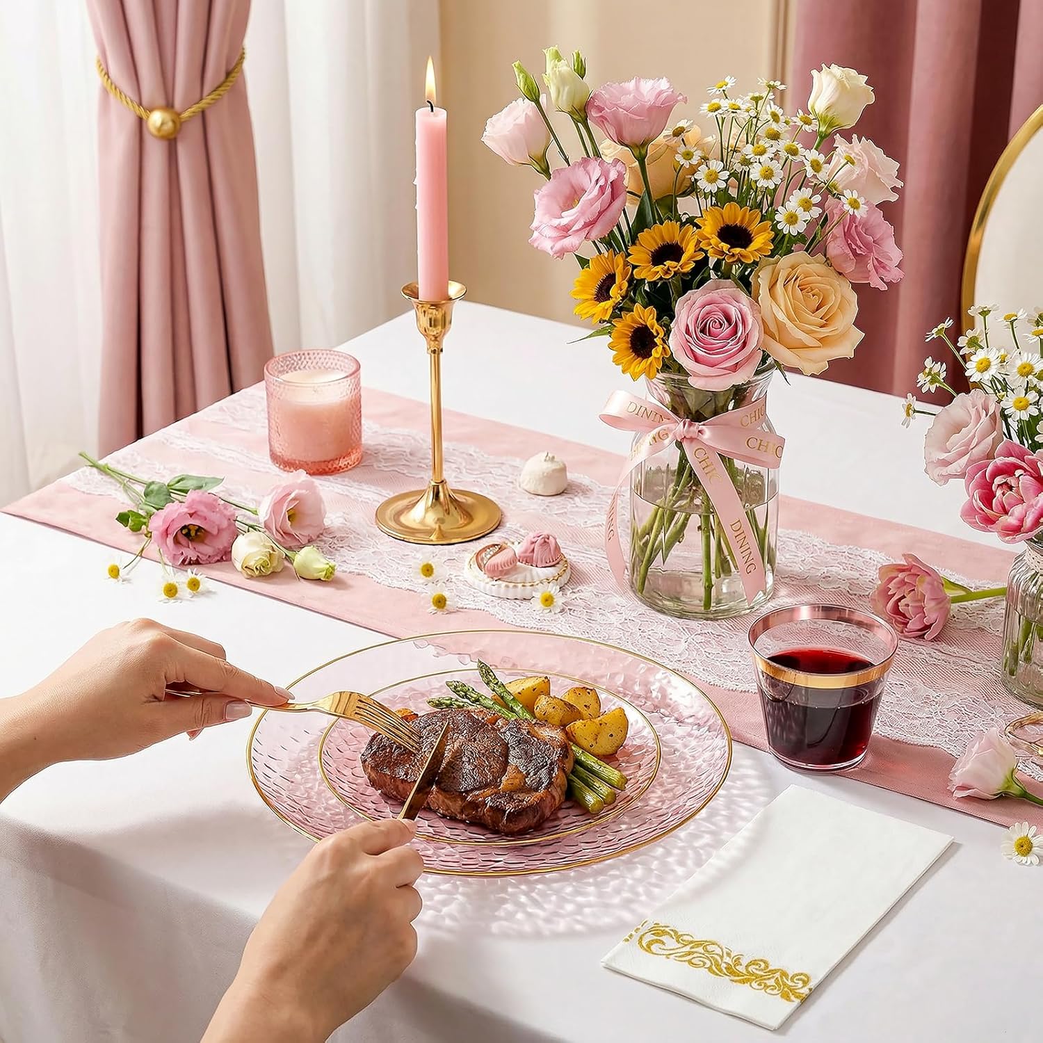 Thumbnail 2 de Rubtlamp 350 Pcs Clear Pink Plastic Plates with Pink Gold Rim Dinnerware Set (50 Guests)