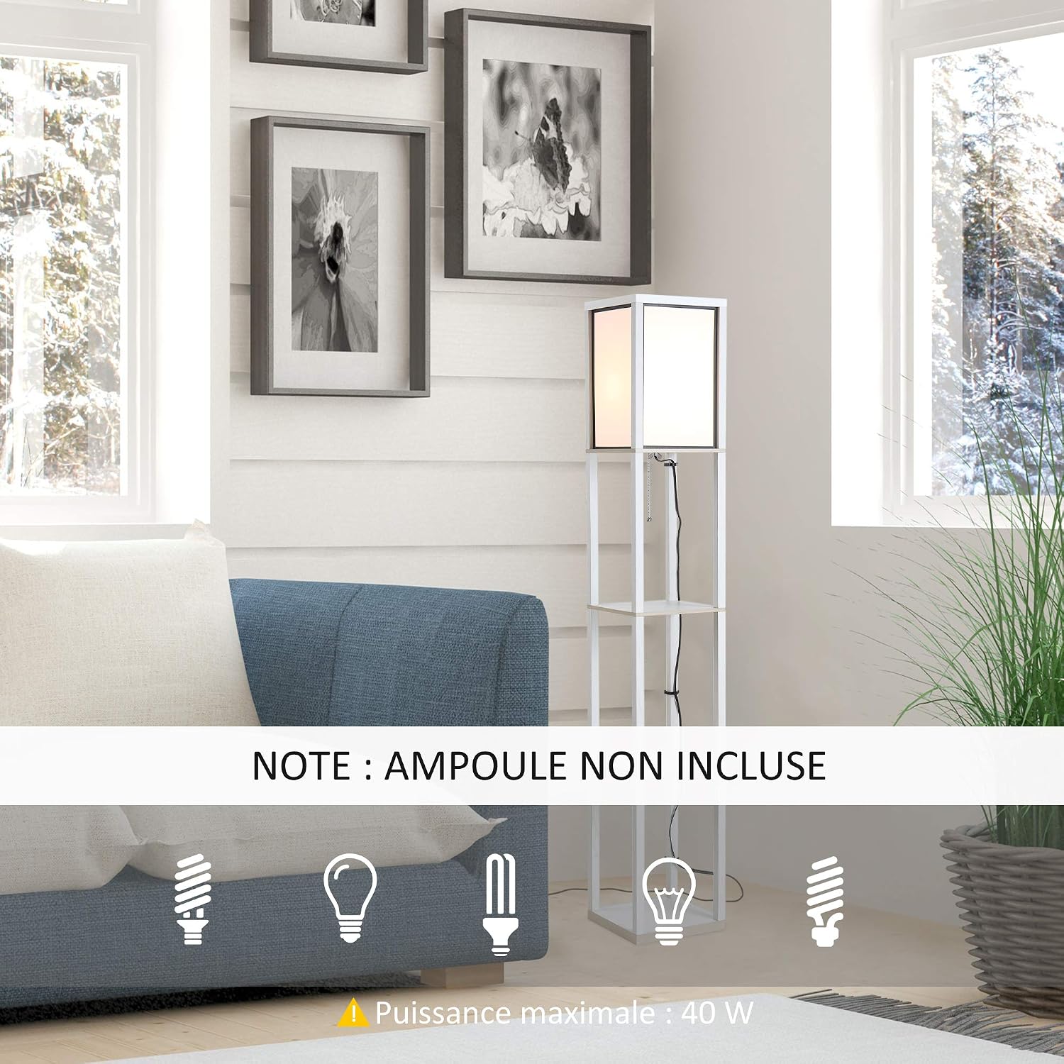 Detalle de HOMCOM lampadaire avec étagères 3 niveaux (160 cm) en MDF blanc
