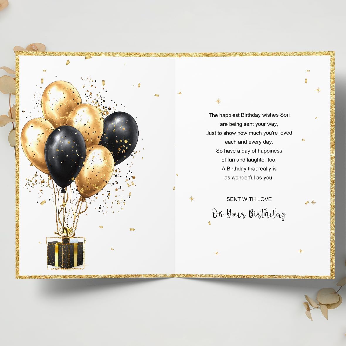 Detalle 2 de Generic Son Birthday Card, 8 x 5.3-Inch Black and Gold Balloon Design