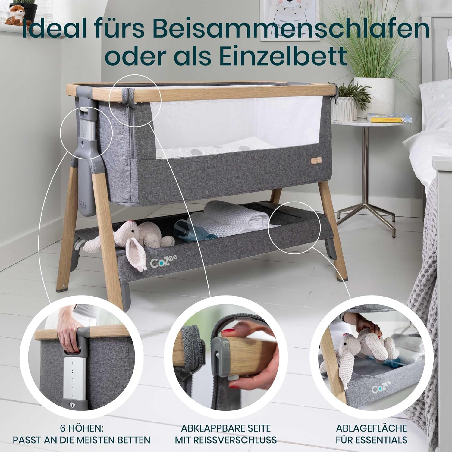 Thumbnail 2 de Tutti Bambini CoZee 2-in-1 Beistellbett & Reisebett (0–6 Monate) mit Matratze – 6-fach höhenverstellbar, faltbar, Mesh-Fenster – Eiche & Anthrazit