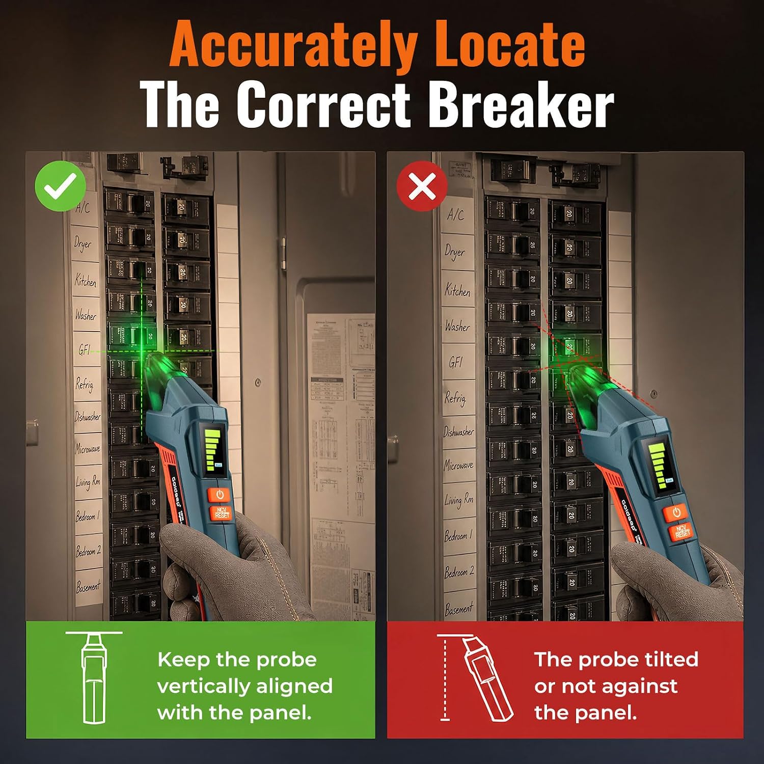 Detalle 2 de Goldeep Circuit Breaker Finder and GFCI Tester, LCD, NCV, 90-135V