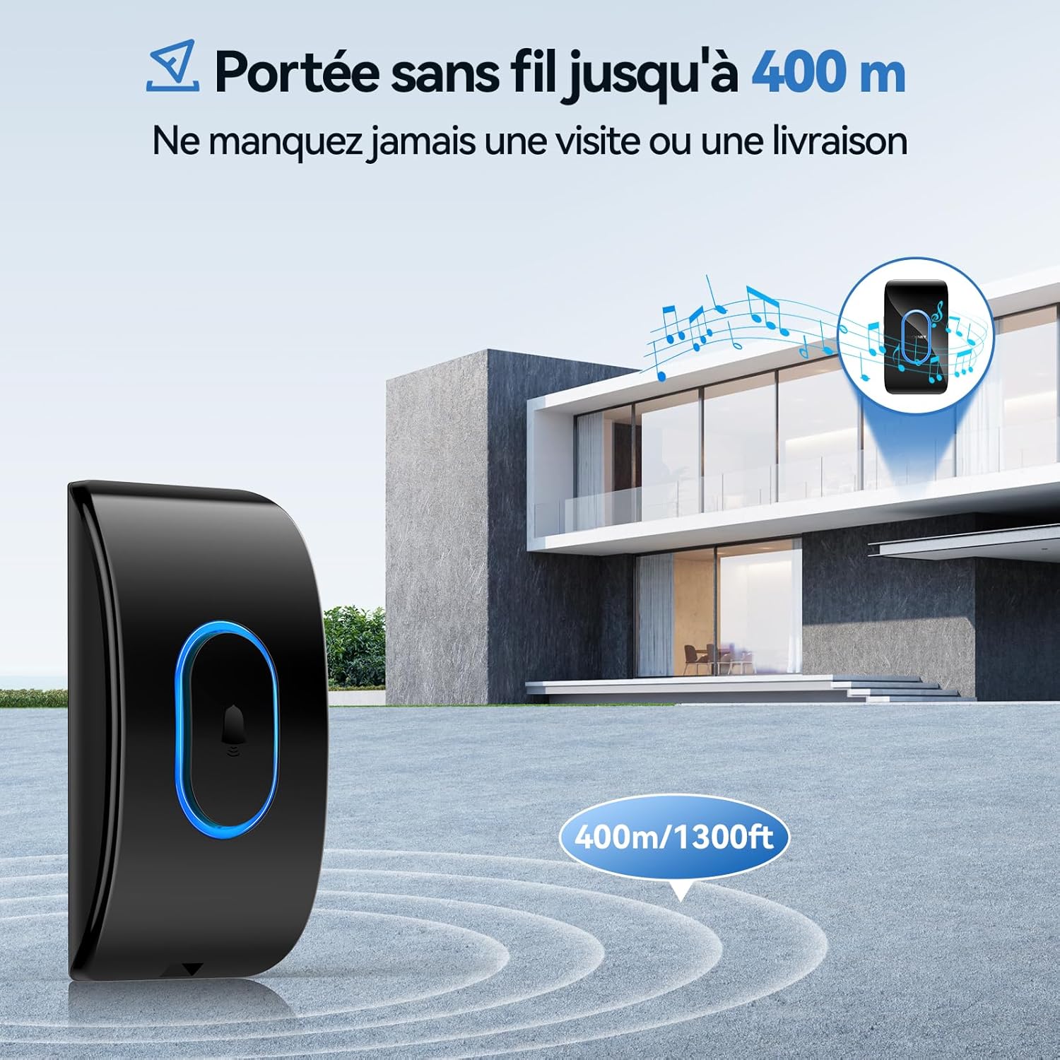 Thumbnail 1 de TECKNET Sonnette sans fil extérieure IP65 — Kit émetteur et récepteur, 400 m, 60 sonneries et 5 niveaux de volume