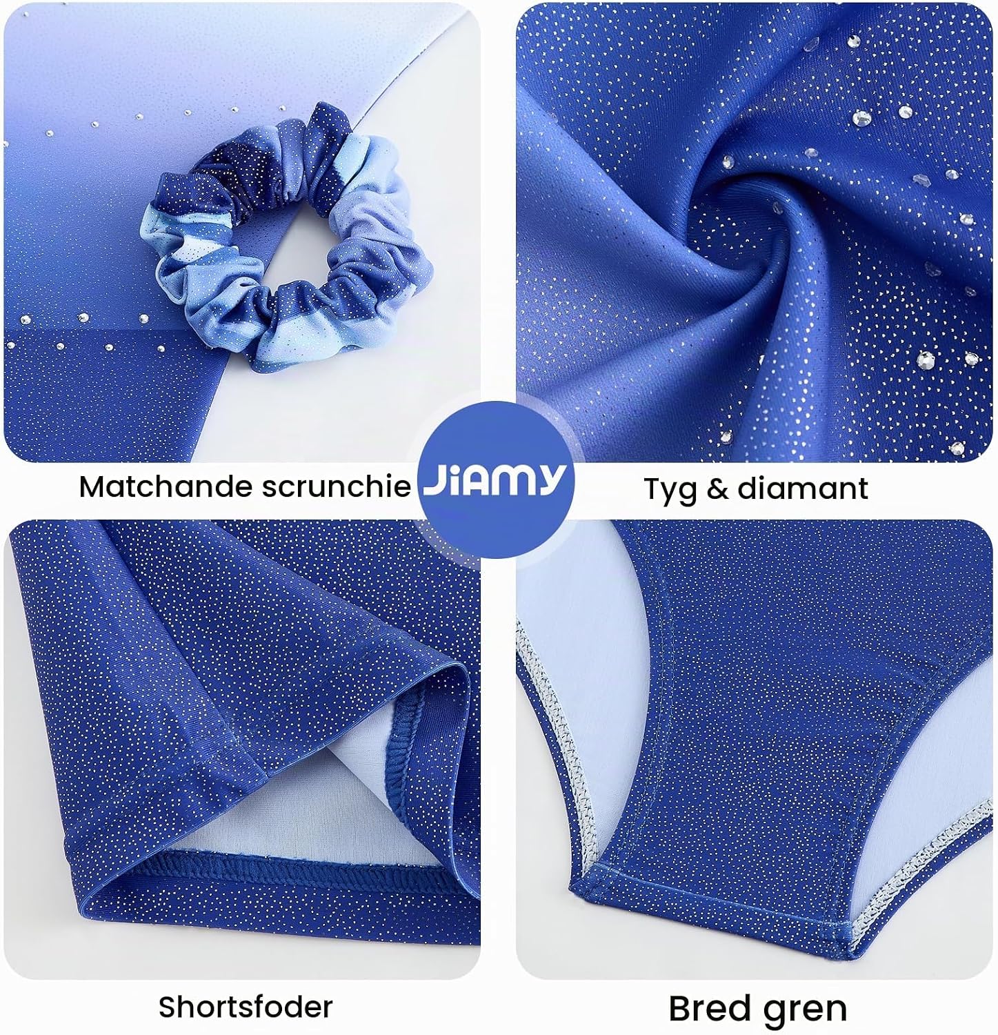 Detalle de JiAmy gymnastikdräkt för flickor med glitter, shorts och scrunchie