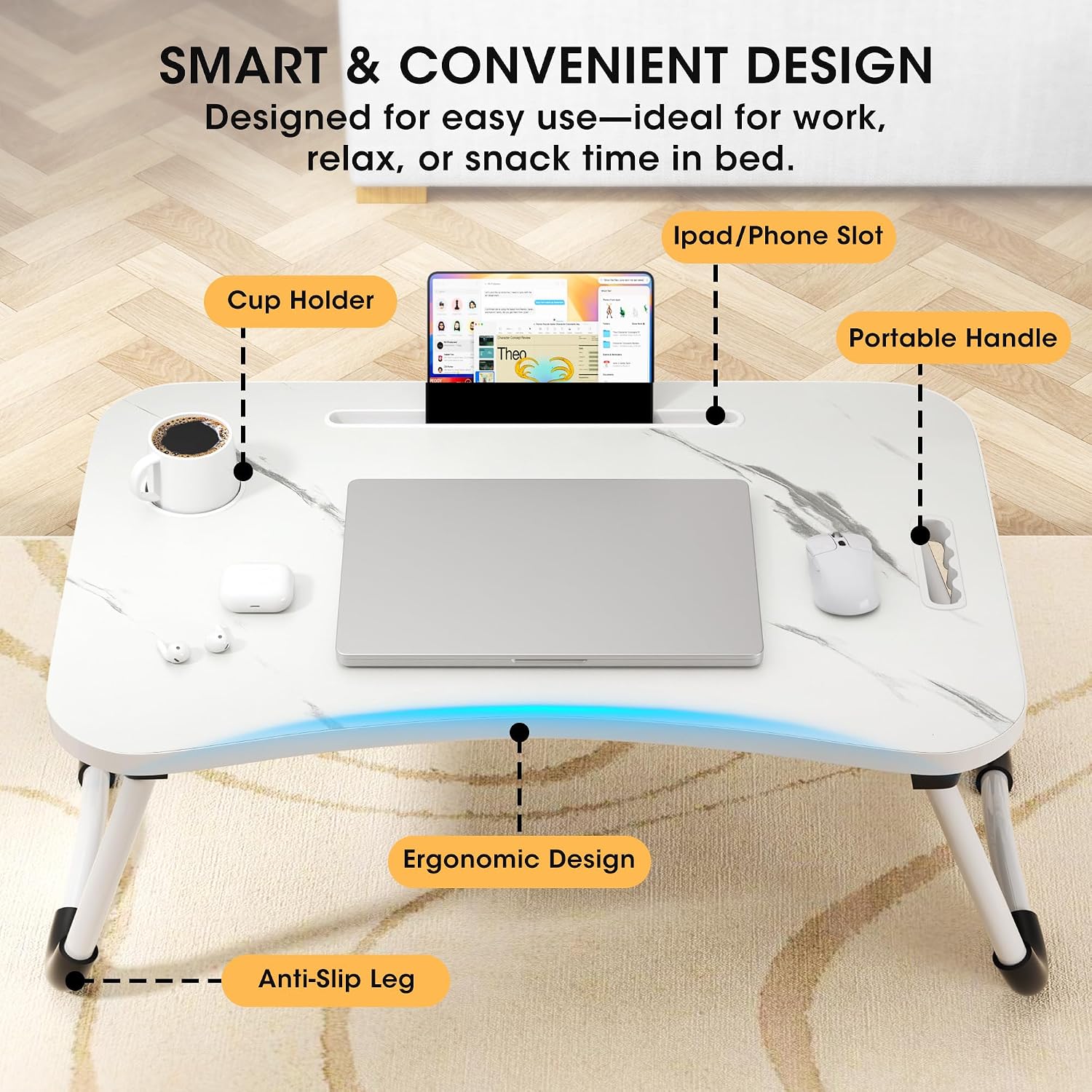 Detalle de Frpufi LD006 Folding Lap Desk, 23.6-Inch Wood Surface with Cup Holder