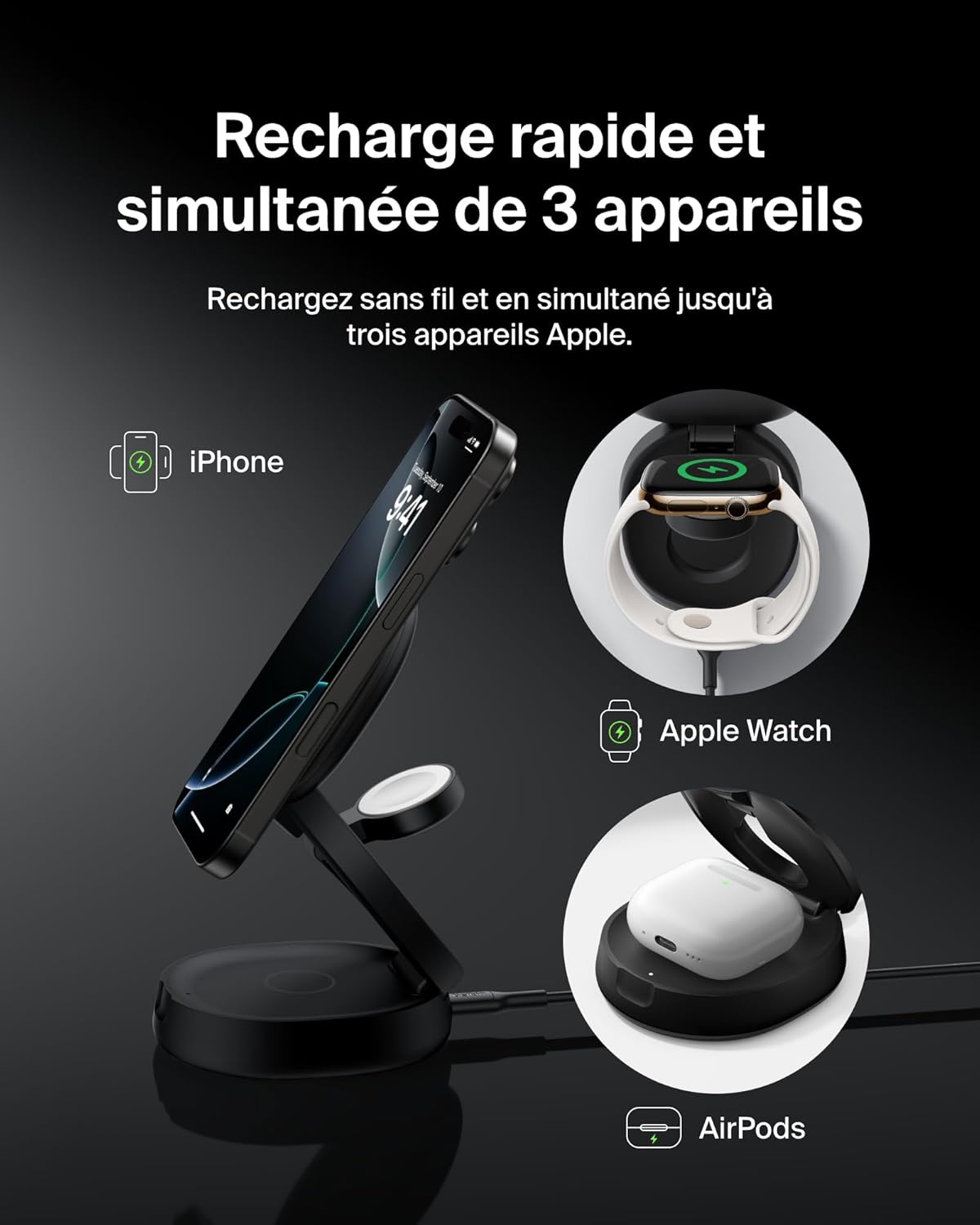 Detalle 2 de Belkin BoostCharge Station 3-en-1 Qi2 15 W