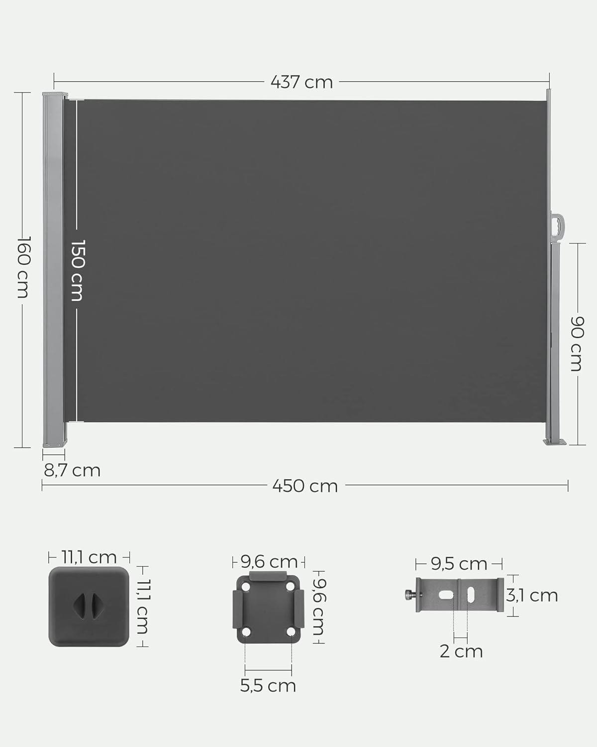 Thumbnail 2 de SONGMICS Seitenmarkise mit Stahl-Kasten (GSA569G01) – ausziehbar, windgeschützt und blickdicht, 160 x 450 cm, anthrazit