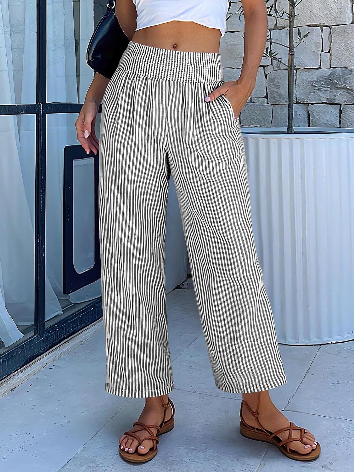 Detalle de ANRABESS Striped Gingham Palazzo Pants — High-Waisted, Cropped Wide-Leg Lounge Bottoms