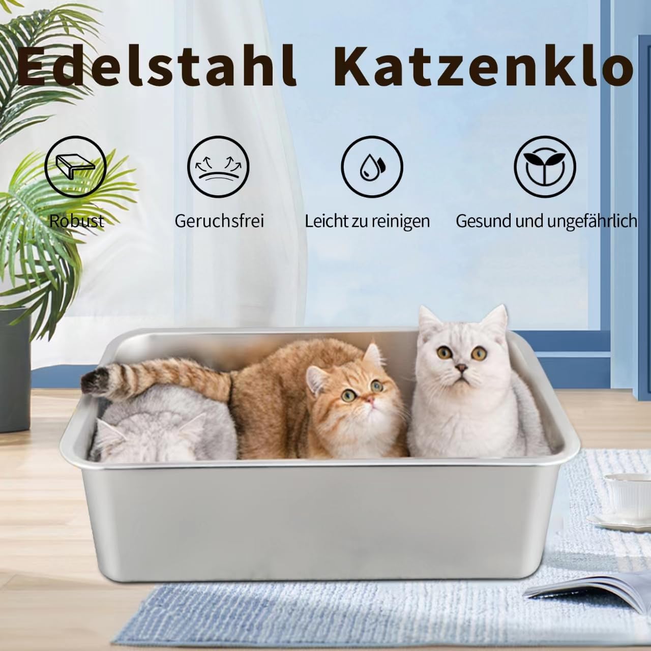 Detalle de XXL Katzenklo aus Edelstahl 50 x 35 x 15 cm (korblose Gerüche, glatte Oberfläche)