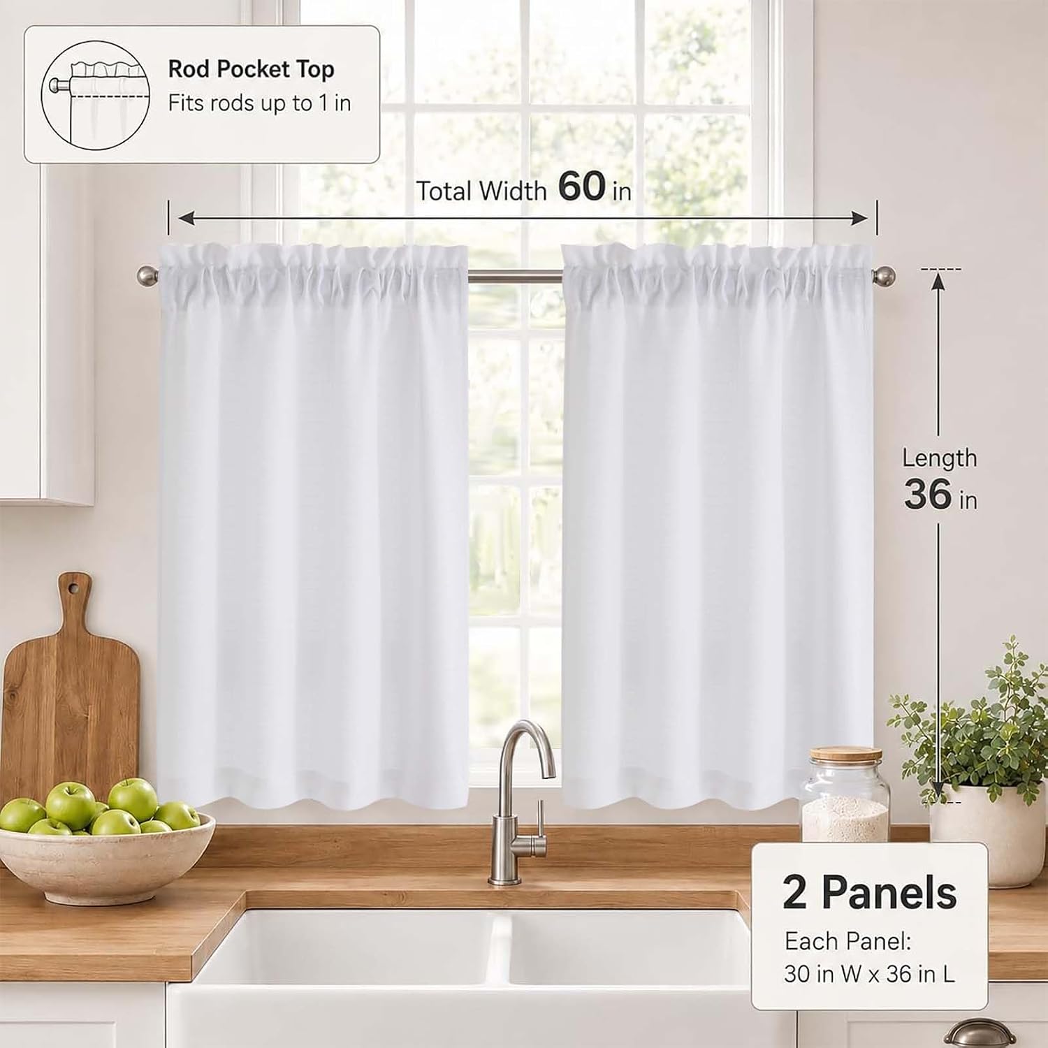 Thumbnail 5 de Chyhomenyc 2-Pack White Kitchen Tier Curtains (30x36 inch) Faux Linen Textured, Light Filtering Cafe Curtains