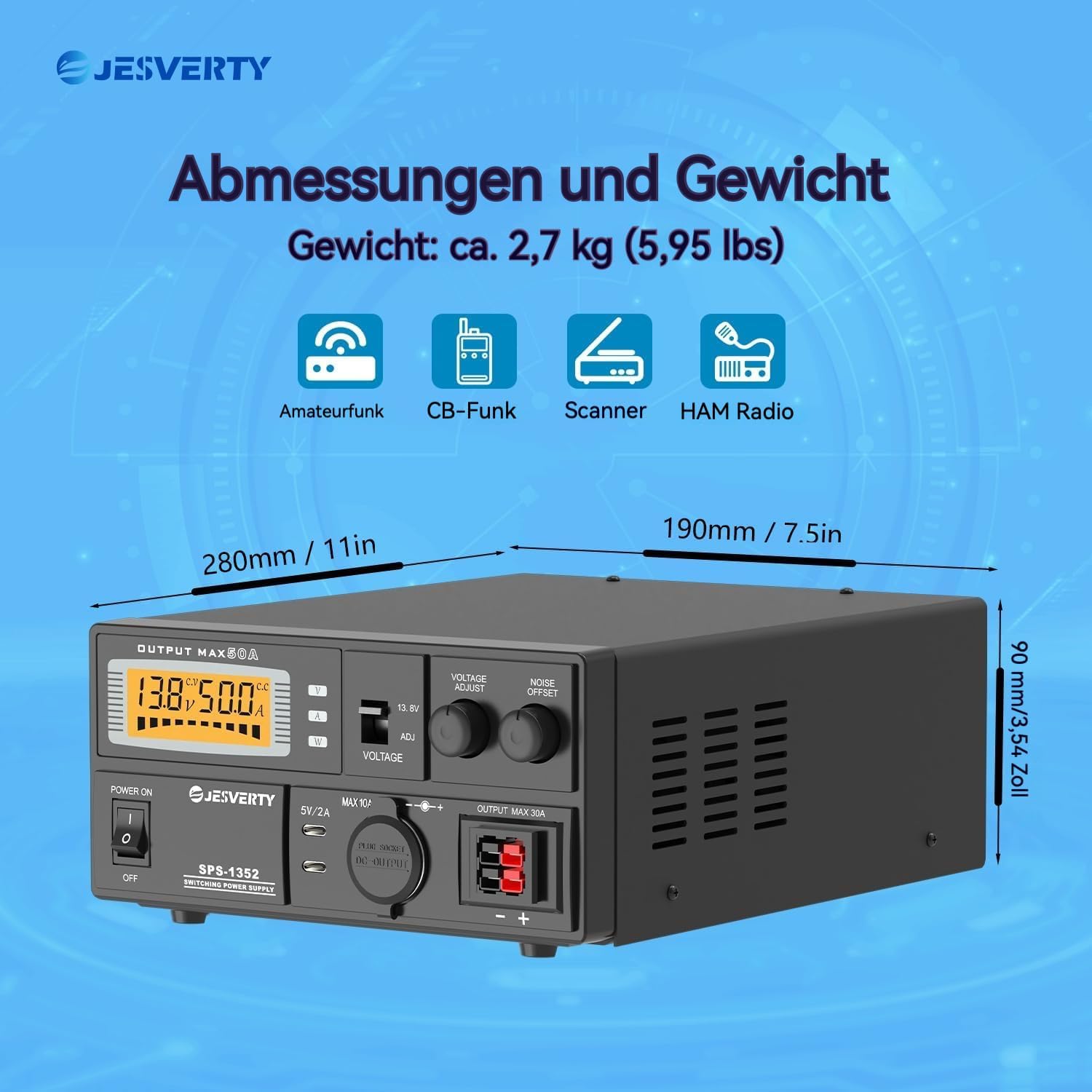 Detalle de Jesverty SPS-1352: Universelles kompaktes Tischnetzteil mit 50 A, vielseitigen Anschlüssen und Rauschunterdrückung