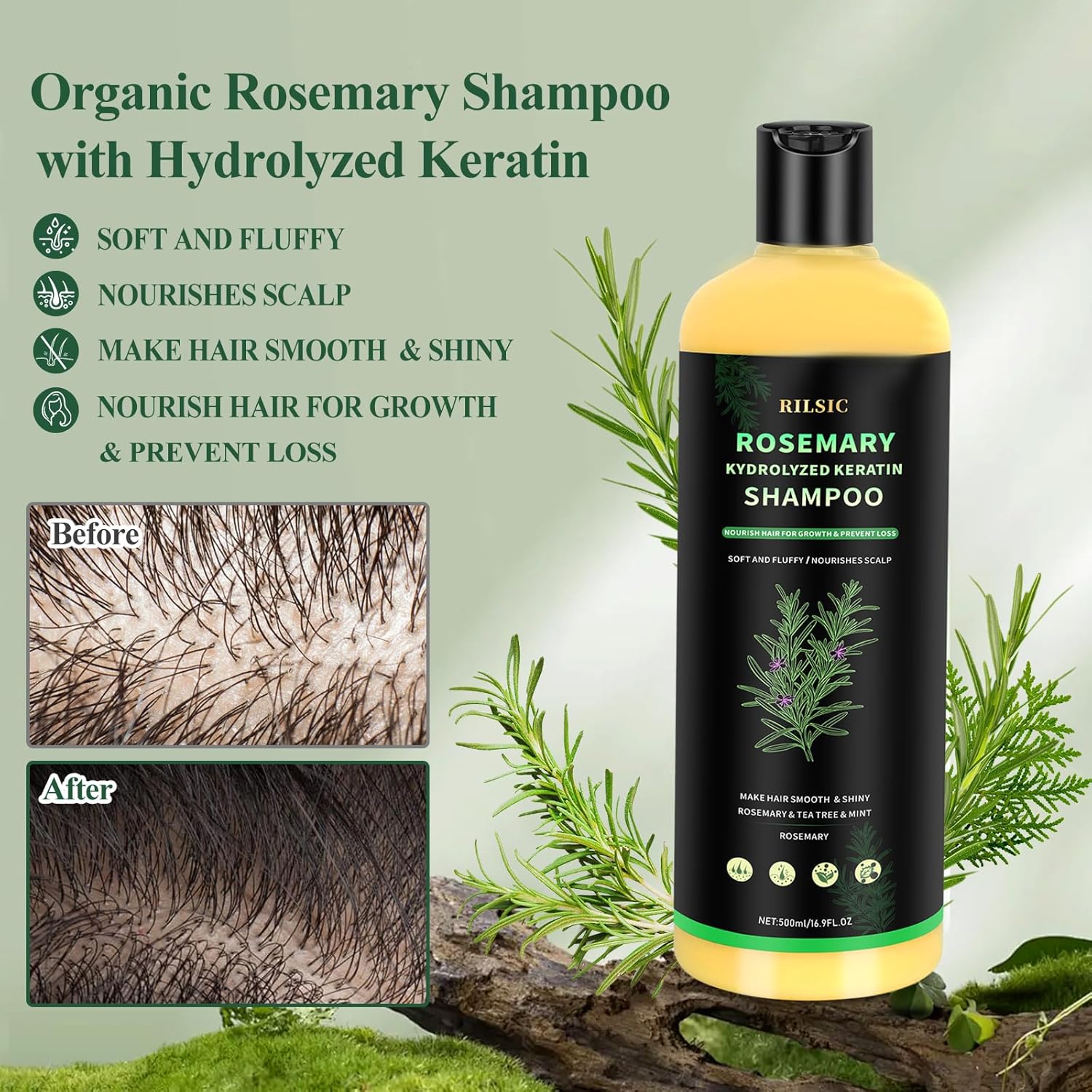 Detalle de Shampoo Rosmarino 500ML con Cheratina Idrolizzata – Benessere per Cuoio Capelluto e Capelli
