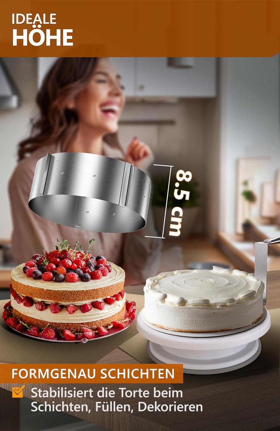 Detalle de 4smile Tortenring verstellbar hoch 8,5 cm – Edelstahl, Ø 16–30 cm