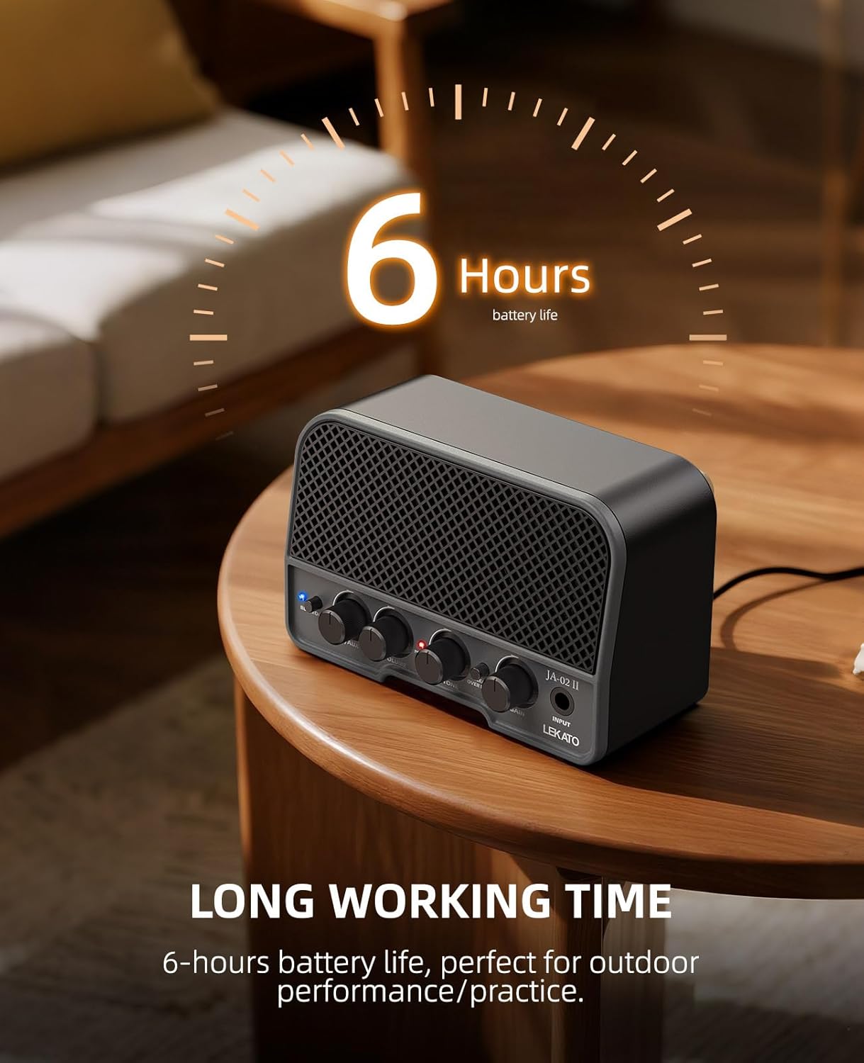 Detalle de LEKATO JA-02 II Mini Guitar Amp: Compact, Battery-Powered Dual 5W Practice Amp