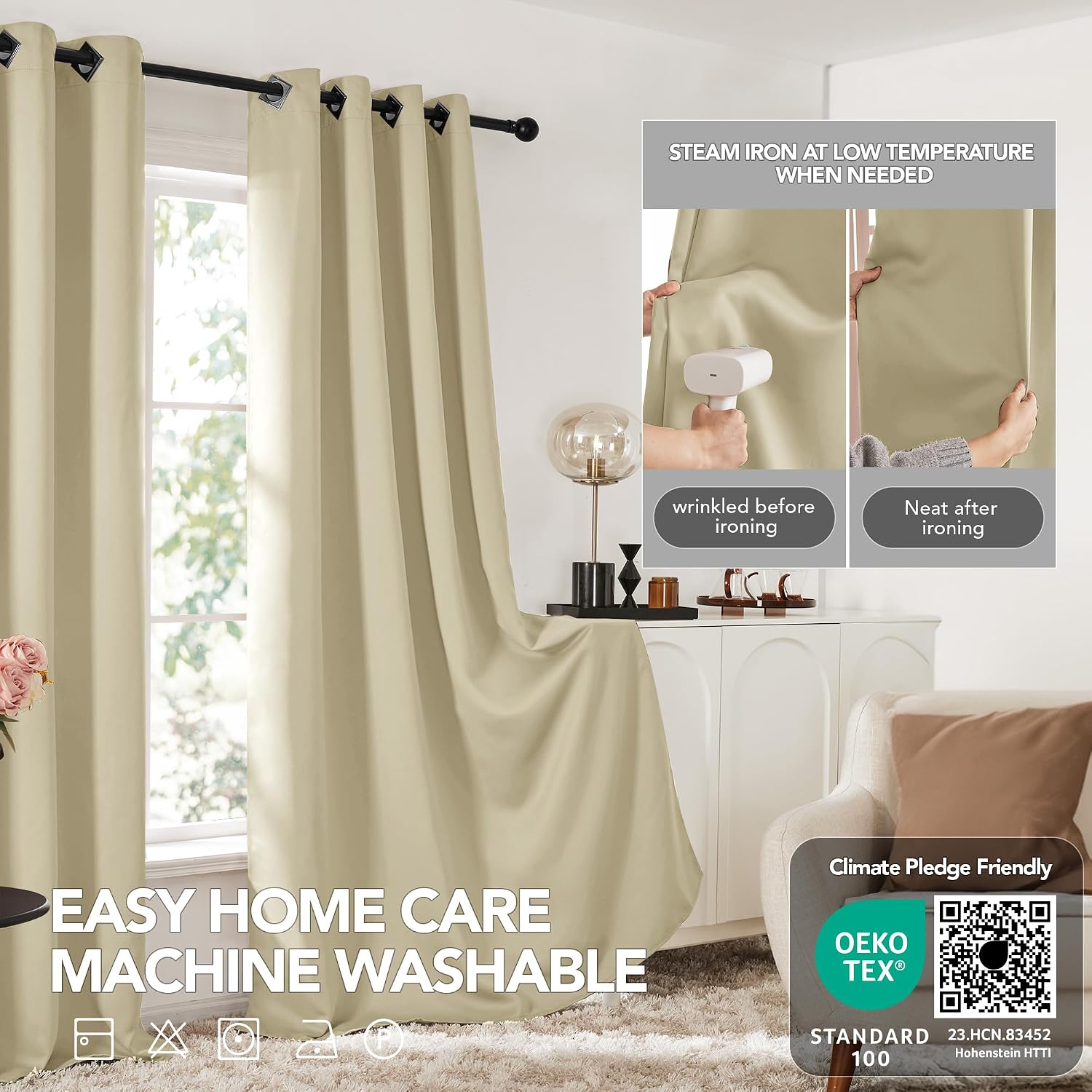 Detalle de Deconovo Blackout Curtains with Black Eyelets in Warm Beige (2 Panels)