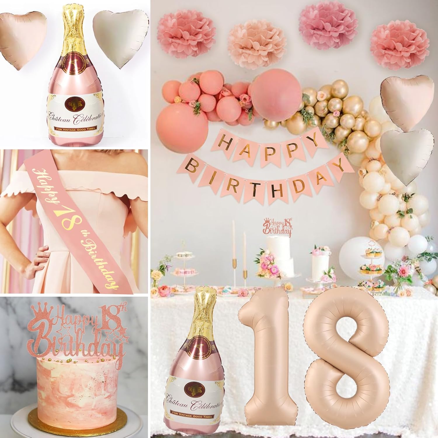 Thumbnail 5 de Deko 18 Geburtsta Geburtstagsdeko Set Retro Rosa mit 18-Zahlen Luftballon und Champagner Ballon