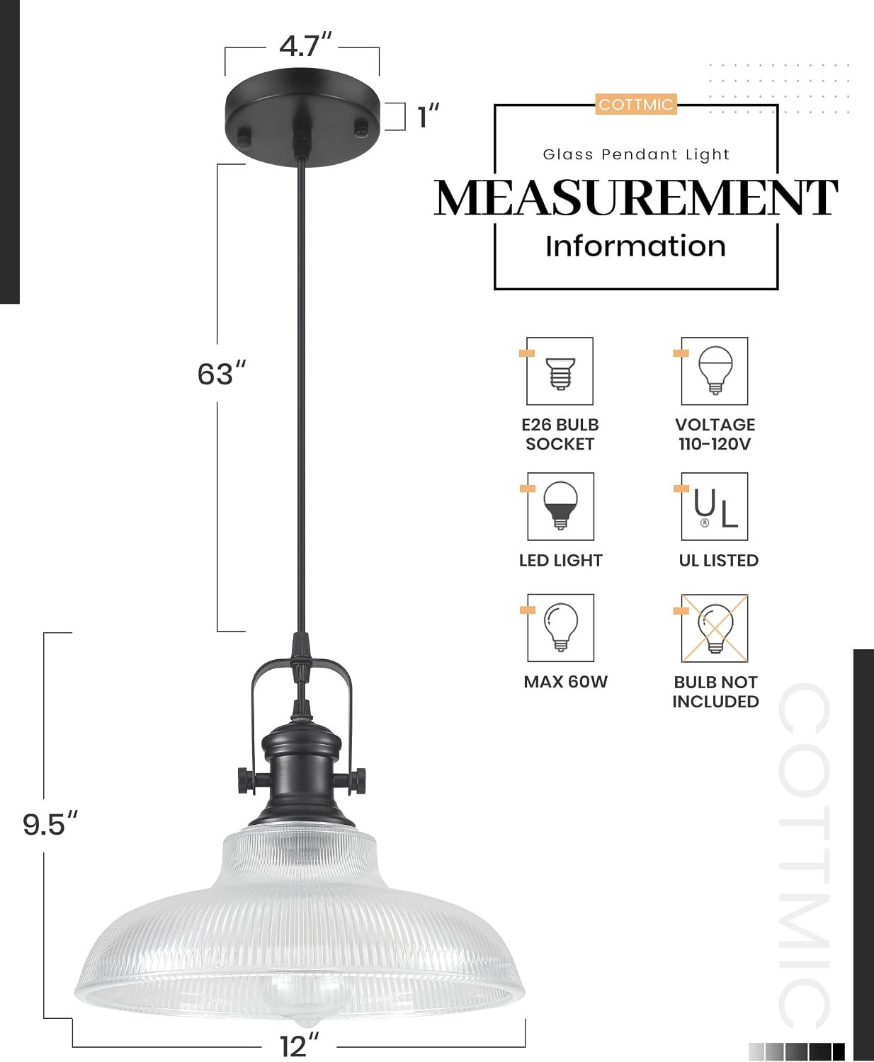 Detalle 2 de COTTMIC SGP-Glass-Black-1p Black Ribbed Glass Pendant Light, Adjustable 66in Cord