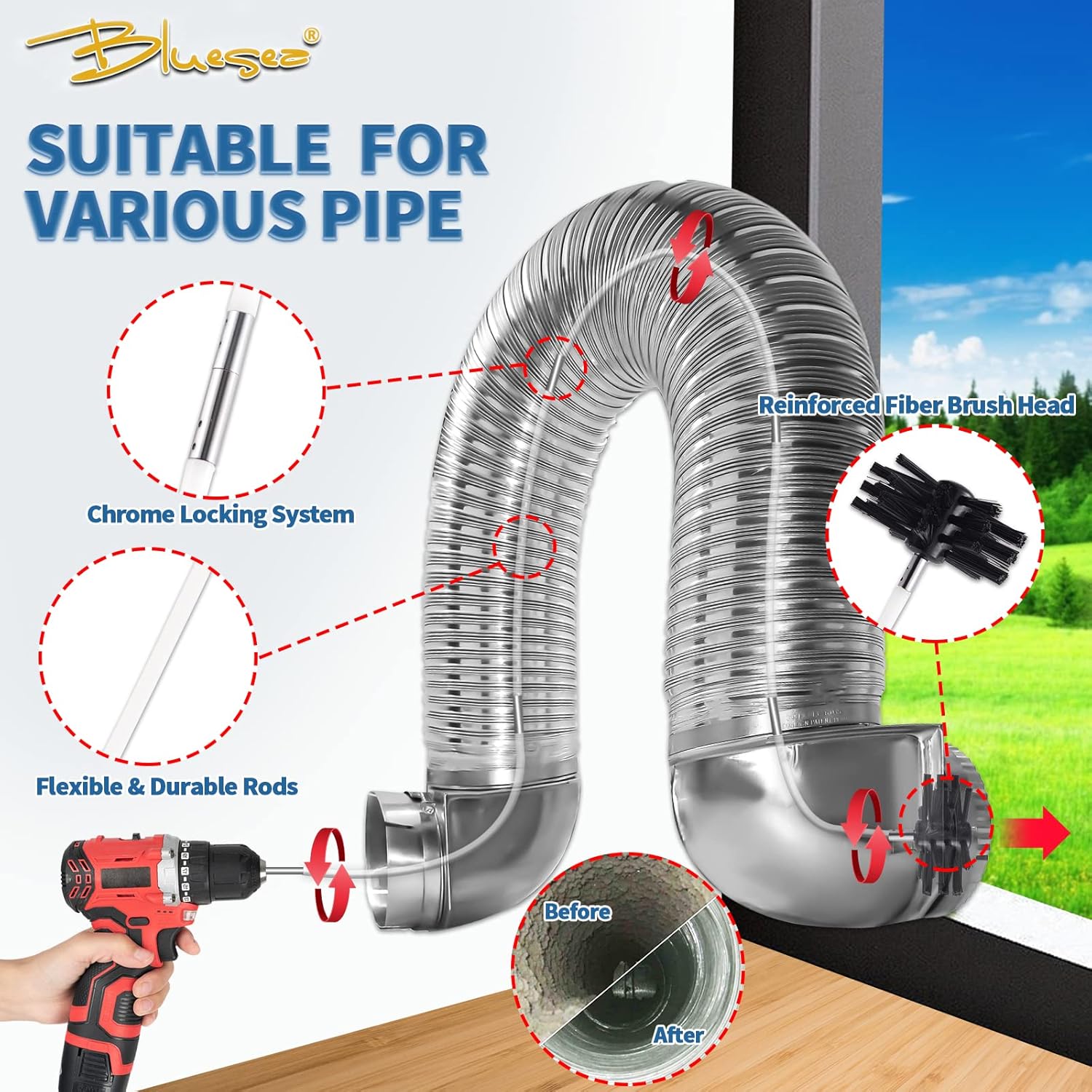 Detalle 2 de Bluesea 7 Pieces 30 Feet Dryer Vent Cleaner Kit