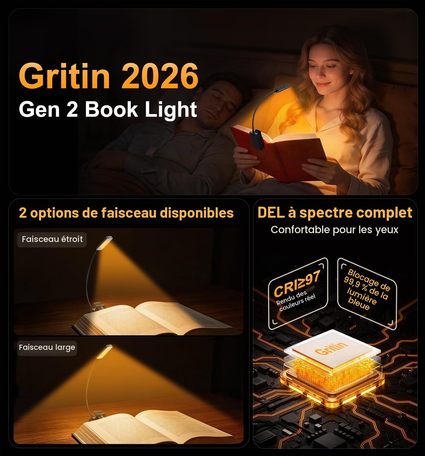 Detalle 2 de Gritin 2026 Gén.2 Lampe de Lecture — 30 LED Spectre Plein et Clip Flexible