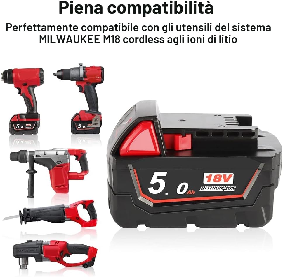 Detalle de Powarobor M18B5 18V 5.0Ah: Batteria di Ricambio agli ioni di litio per Milwaukee M18 (2 pezzi)